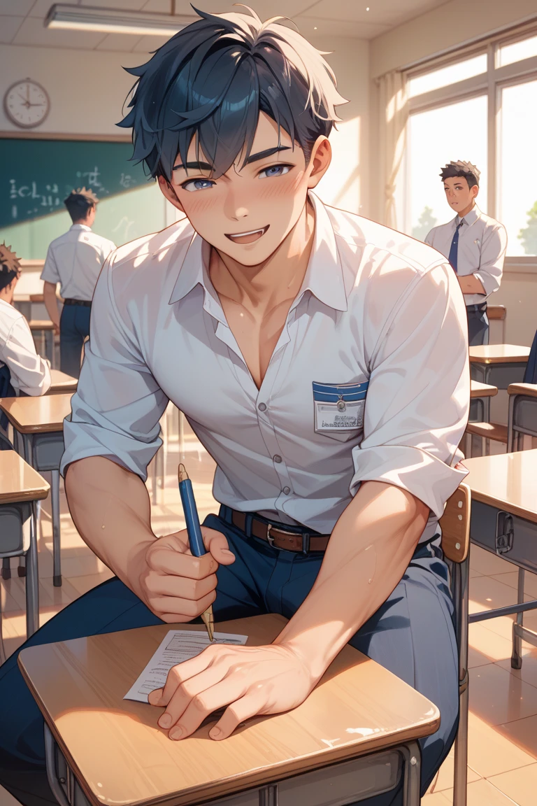 High quality and masterpiece photo of a naked high school boy in the classroom, With beautiful detailed glow and light effects.
He takes his dick out of his pants and squirts