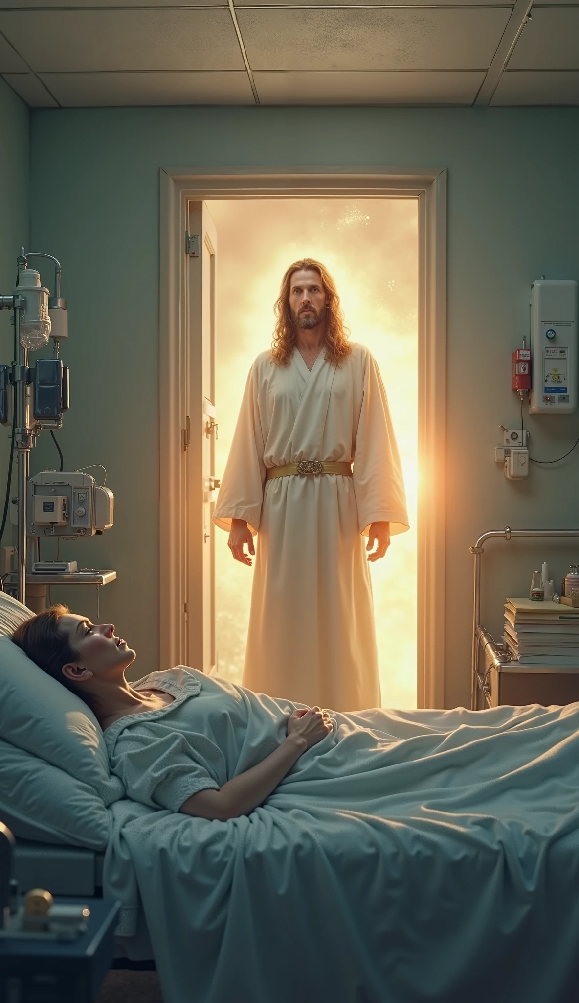 JESUS with a look of compassion and with tears falling down his face next to a young man who is in his bed with his cell phone playing and making a sad face and several demons around competing with JESUS and heavenly angels next to JESUS