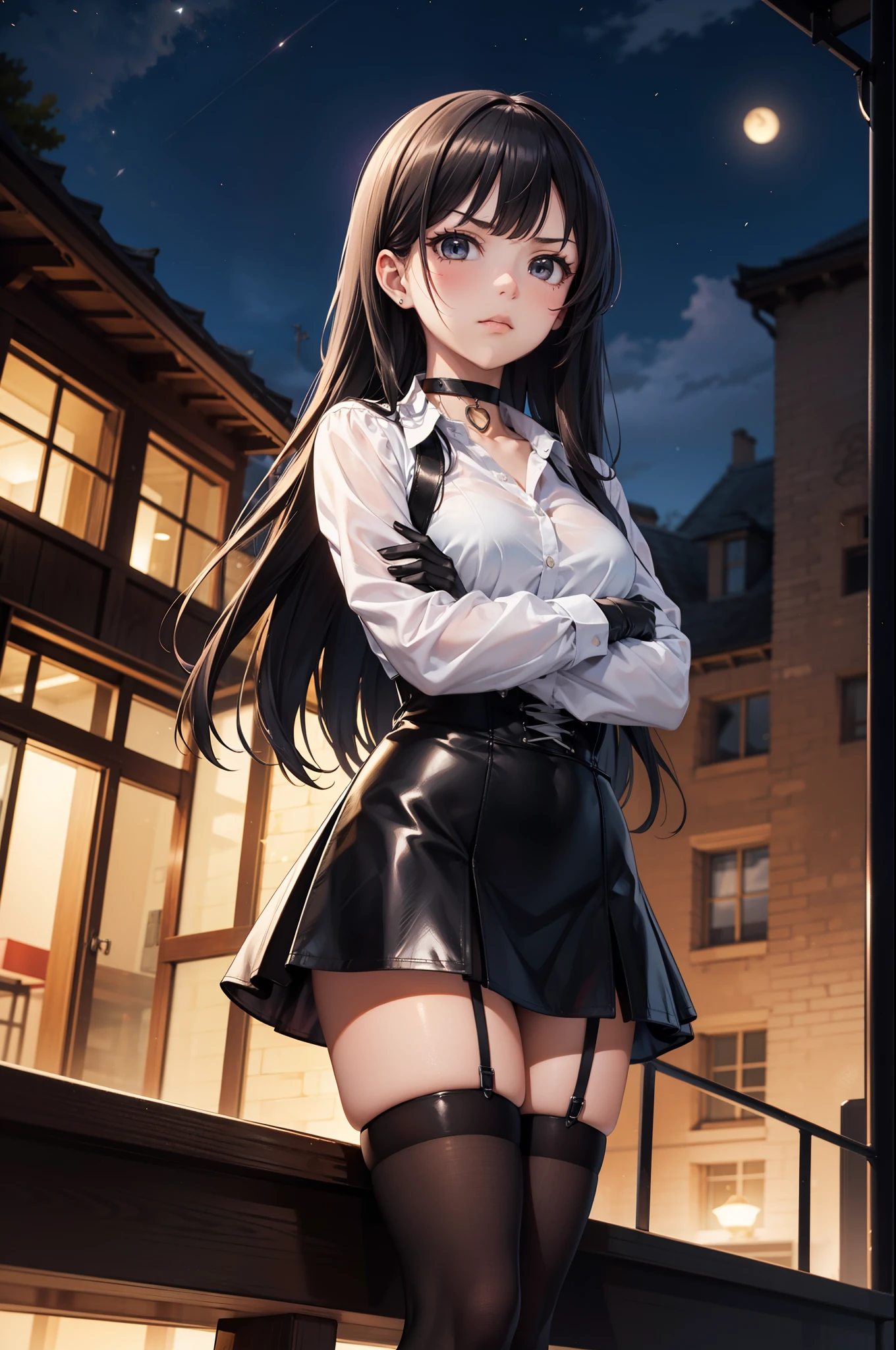 masterpiece, anime style, A young girl,  of foot, ( seen from the front ), (( arms crossed )), pretty face,  angry look, ((redness on the cheeks)), long black hair, detailed eyes,  black eyes,  choker : 1.6, (( long sleeve white shirt )), ( black gloves ), (black leather corset), ((black miniskirt)),  brown stockings,  black leather boots ), self-critical , roof, (( at night))