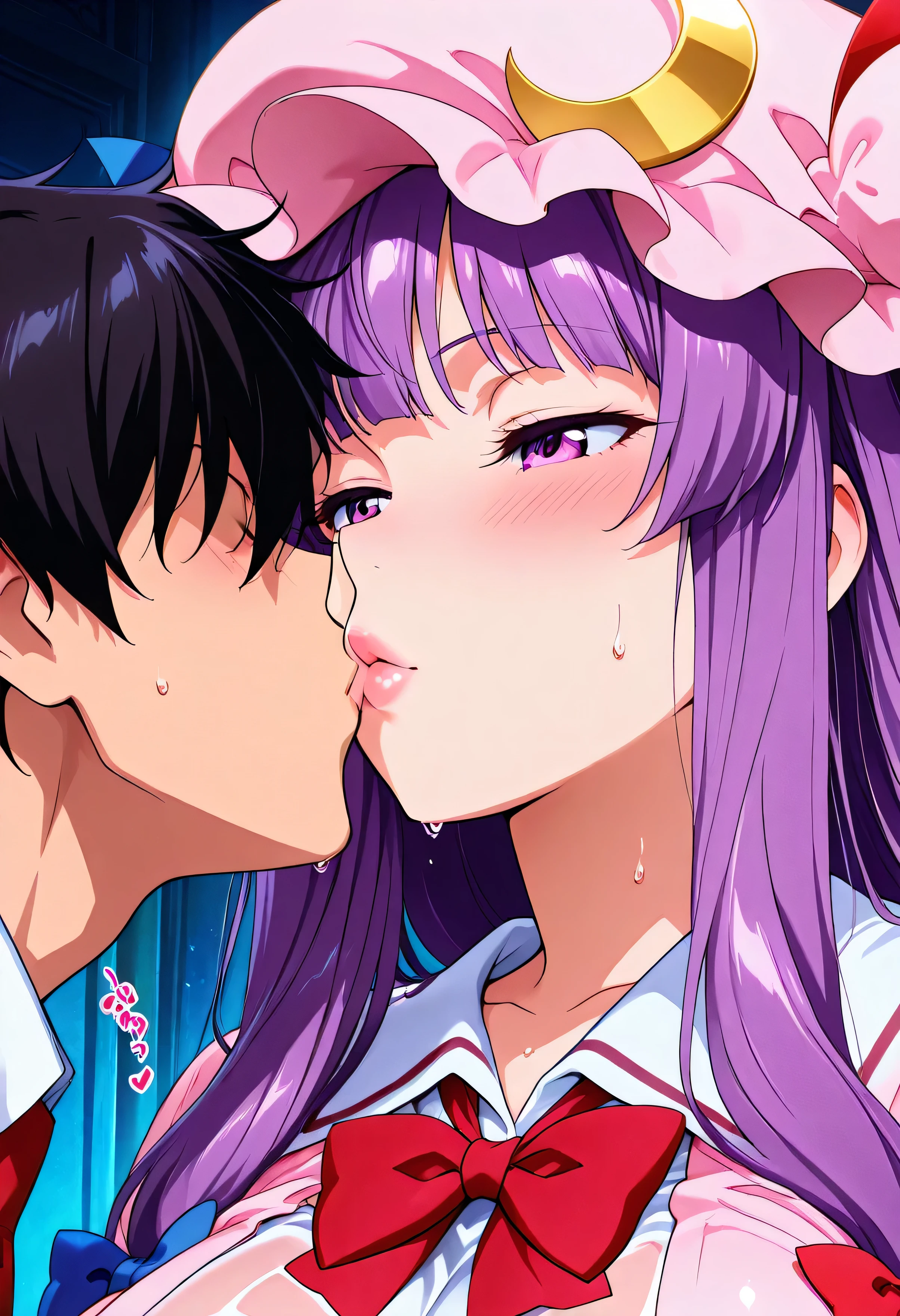 (beautiful girl:1.3),masterpiece,Please redeem,Ultra-high resolution,rich contrast,Very high quality,8k,Highly detailed CG unit wallpaper,Texture,So ridiculous,RAW Photos,Highest quality anime,anime-style illustration,studio anime style,professional photograph,an extremely delicate and beautiful,Depth of written boundary 1.2,Glowing Skin,Glitter Effect,Beautiful glossy lips,patchouli knowledge, 1girl , Alone, purple hair, long hair, sidelocks,mob cap, pink headwear, crescent hat ornament, blue bow, red bow, hat ribbon, hair bow, Crescent Pin, red ribbon, ( high school uniform),(pleated skirt),( obscene sound effects:1.5), big breasts,Big Round Ass,sweat, wet,Behind an unpopular gymnasium,((( kissing ))),( Lips Close-ups :1.5),( is closing her eyes),blush,(レミリア・スカーレットと kissing )