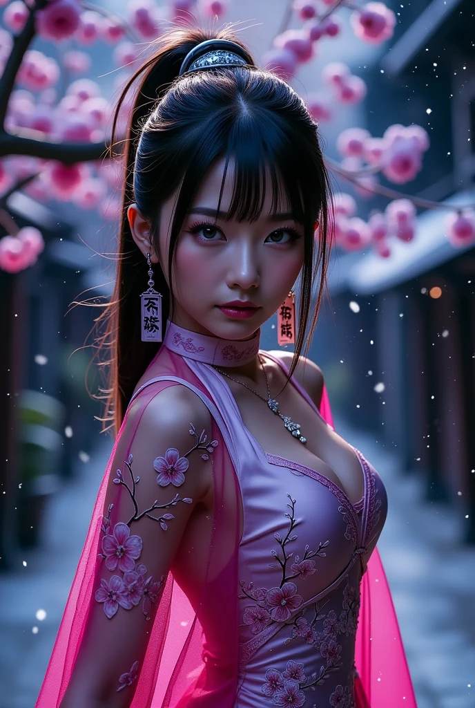 8K Ultra HD, Masterpiece, Best quality, A beautiful girl, very long hair, floral accessories, long bangs and long platinum-red ponytail, nice and cute face, Flawless face, Jewelry earrings, detailed eyes, beautiful red eyes, meticulous makeup, Thin eyebrows, Beautiful pink lips, huge breasts cleavage , Thin pink flowing ancient hanfu,, Realistic colors, Magic effects and magical aura, ancient night background, Full body capture,