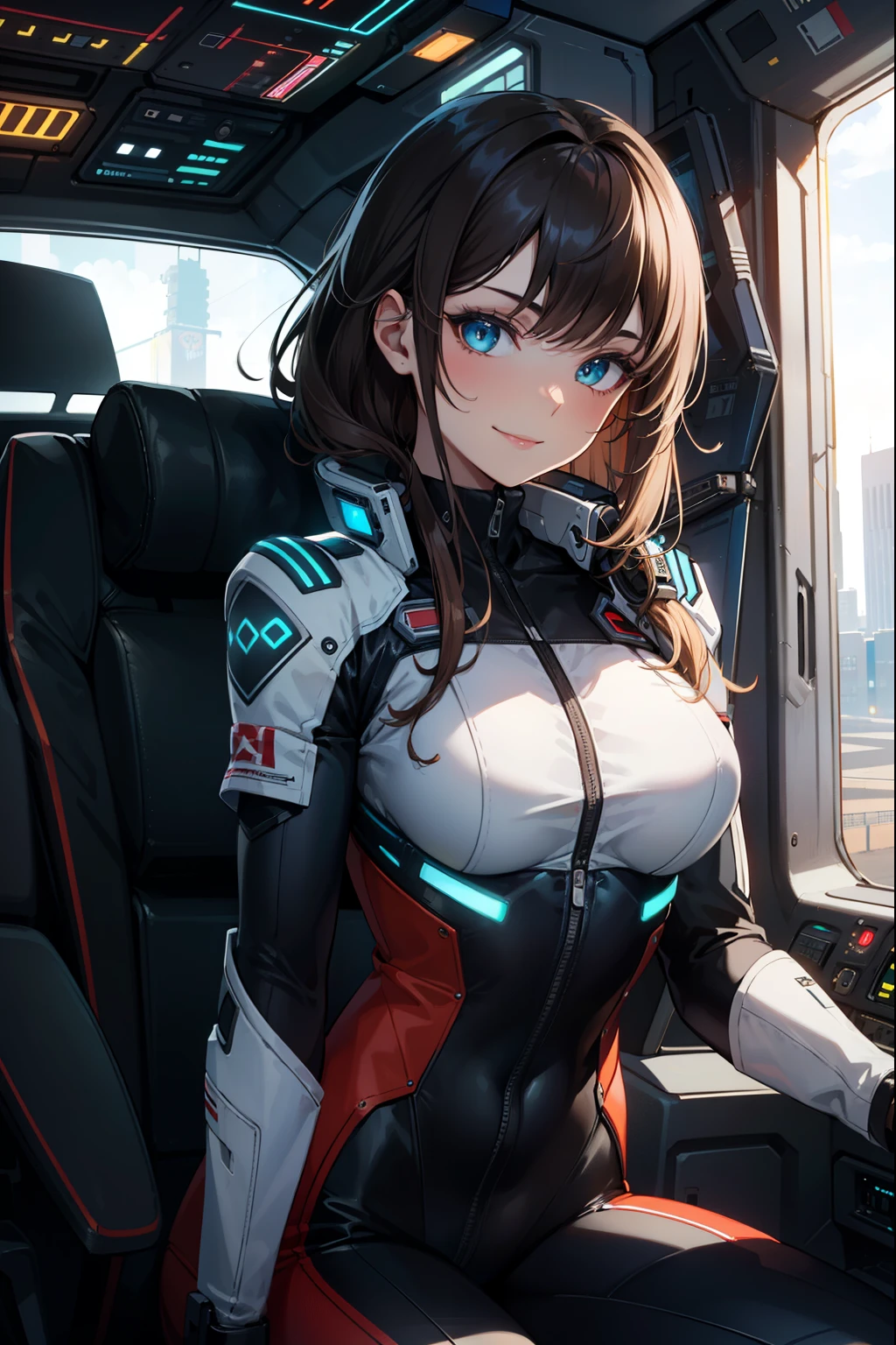 ((masterpiece)), ((best quality)), ((ultra-detailed)), 1girl, pilot suit, covered navel, dynamic pose, smile, dynamic angle, cockpit, bodysuit, 