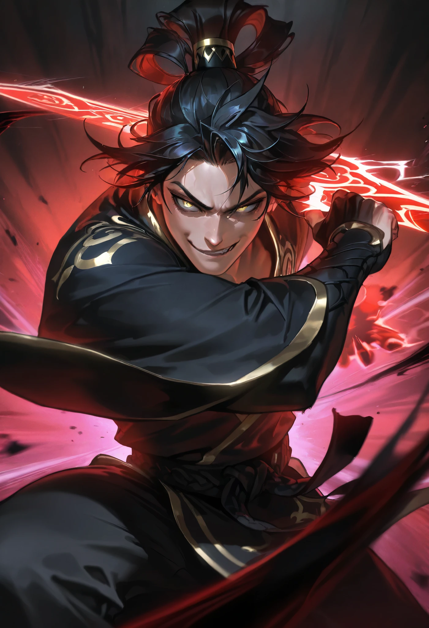 Score_9, Score_8_up, Score_7_up, Score_6_up, anthro,\(quality\), L0LSPL4SH, year2024, year2023, 1male, solo, upperbody, detailed face, taller frame, cruel smirk, yellow eyes, long samurai hairstyle, black hair, dark martial artist outfit, L0LSPL4SH, dark scenario,