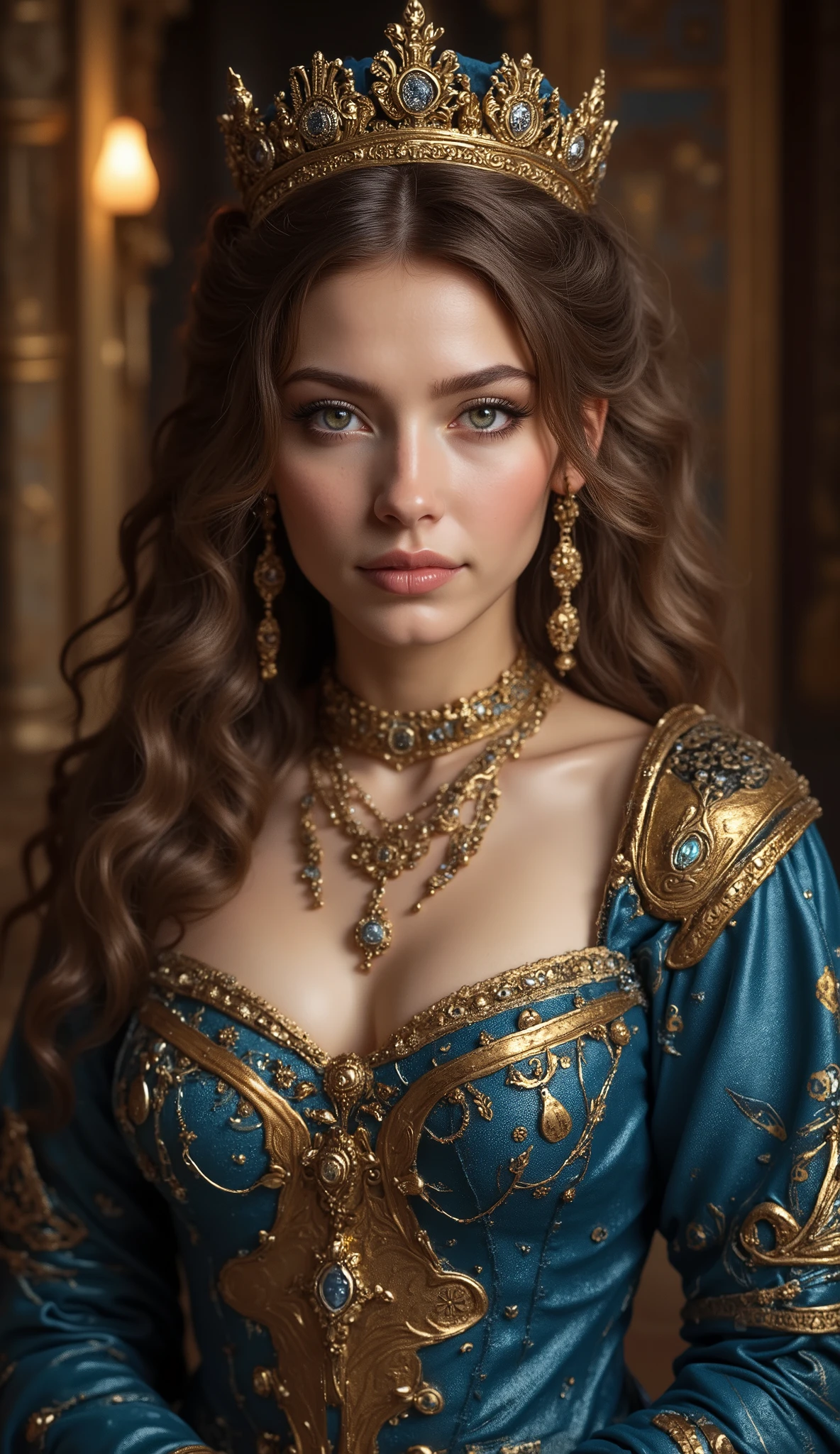 (photorealism:2), beautiful Renaissance princess, light brown wavy hair with golden highlights, blue hazel eyes, fair skin, blue and gold Renaissance clothing.full body, standing