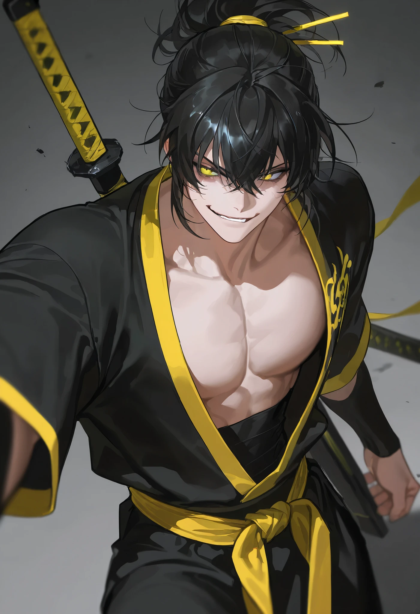 Score_9, Score_8_up, Score_7_up, Score_6_up, anthro,\(quality\), L0LSPL4SH, year2024, year2023, 1male, solo, upperbody, detailed face, taller frame, cruel smirk, yellow eyes, long samurai hairstyle, black hair, dark martial artist outfit, L0LSPL4SH, dark scenario,