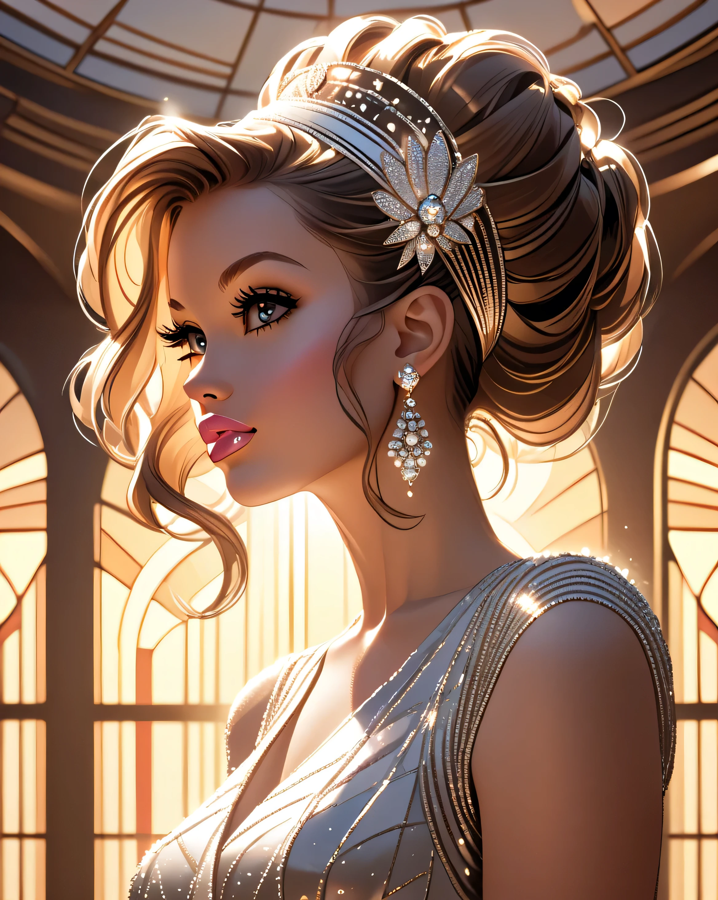 1girl, Solo, High Resolution, Looking at viewer, bouffant hairstyle, Hair Ornament, Parted Lips, From Side, From Below, Backlighting, Art Deco, Impressionism,