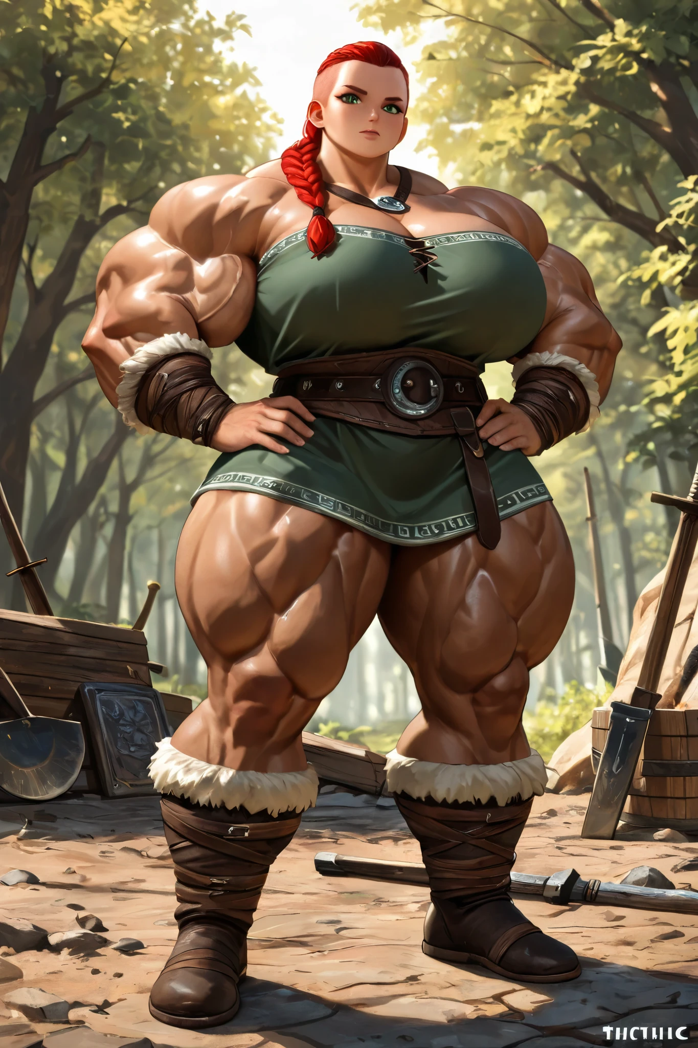 masterpiece, (realistic), teenage scottish woman, gigantic woman, beautiful, (hypermuscle:1.5), gigantic ass, massive thighs, traditional highland scottish clothes, ginger hair, green eyes, sexy pose, dynamic pose, dangerous expression, open smile, scottish highlands, cute face, freckles, nipples