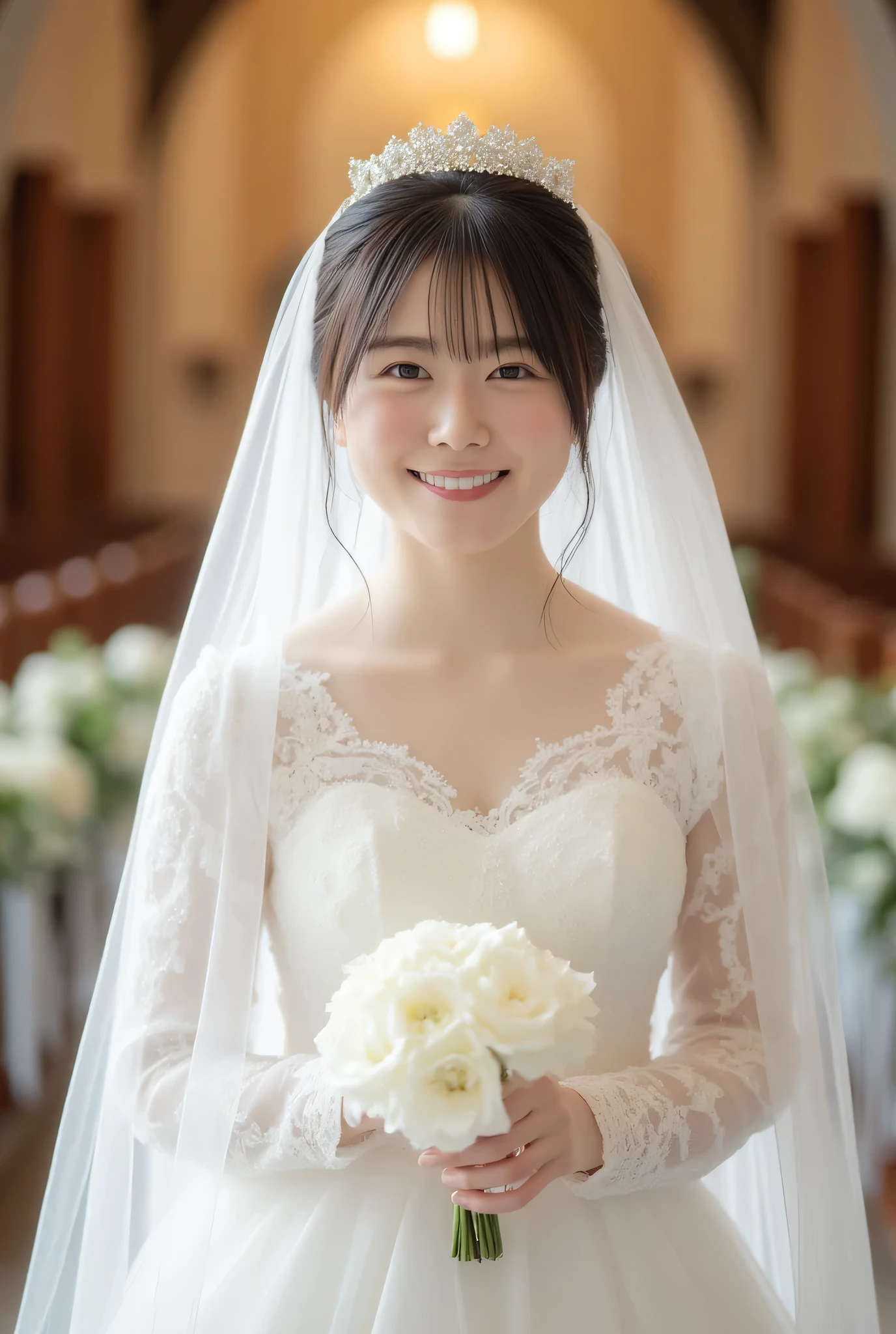 (8k、RAW photo、TOP QUALITY、 masterpiece:1.2)、( by Nomi、 by Nomi)、 1 girl、(( wedding dress 、White Veil、Chapel、front view、smile、Look at the camera and smile、stand))、cute、 small breasts