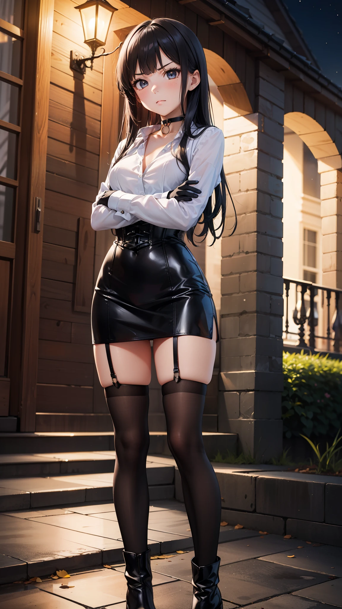 masterpiece, anime style, A young girl,  of foot, ( seen from the front ), (( arms crossed )), pretty face,  angry look, ((redness on the cheeks)), long black hair, detailed eyes,  black eyes,  choker : 1.6, (( long sleeve white shirt )), ( black gloves ), (black leather corset), ((black miniskirt)),  brown stockings,  black leather boots ), self-critical , roof, (( at night))