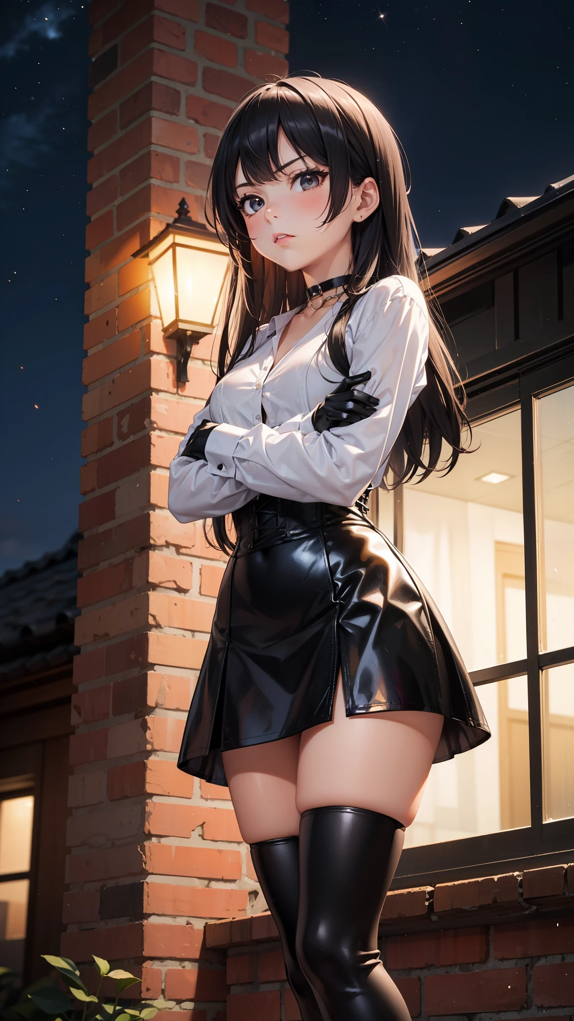 masterpiece, anime style, A young girl,  of foot, ( seen from the front ), (( arms crossed )), pretty face,  angry look, ((redness on the cheeks)), long black hair, detailed eyes,  black eyes,  choker : 1.6, (( long sleeve white shirt )), ( black gloves ), (black leather corset), ((black miniskirt)),  brown stockings,  black leather boots ), self-critical , roof, (( at night))