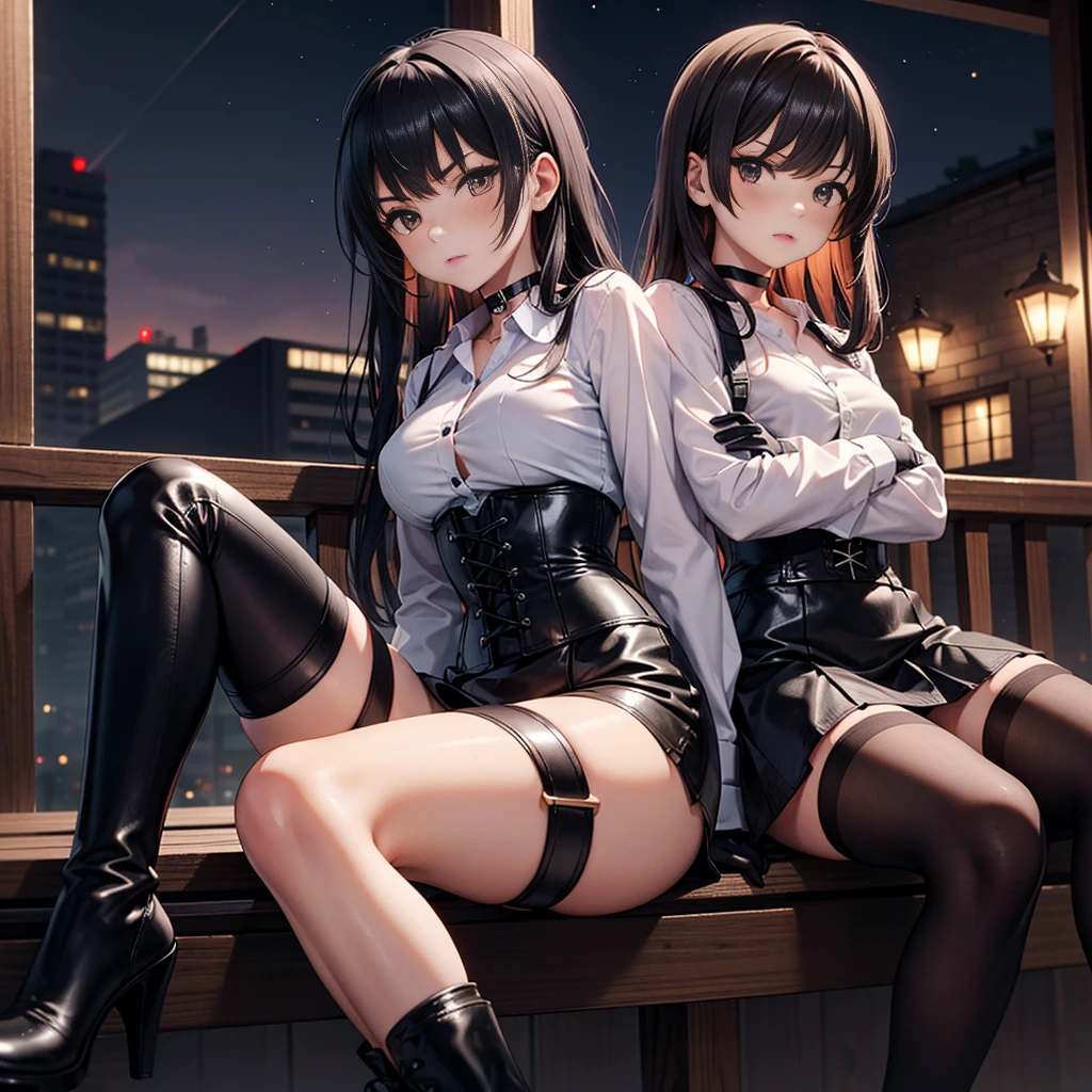 1 girl, Wisps of hair on the face, Red Eyes, mascara, diaphragm, Hot Pants, Tights, laced Tights, sit, cafes, feet in Tights,Large Breasts, 8k, masterpiece,cleavage,Showing belly,Show your shoulders,White coat