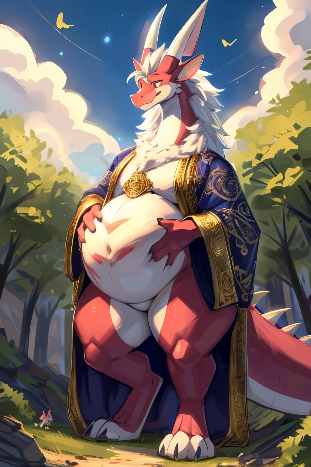 portrait, dragon, white scales, horns, blue eyes, purple cloak, jewelry, smile, high detailed, by kenket, Rembrandt, cinematic, complex background, shirtless, muscular, navel, full length shot, big bulge, tiny purple speedo, clawed hands, big pecs, big body, handsome, pink nipples, chubby