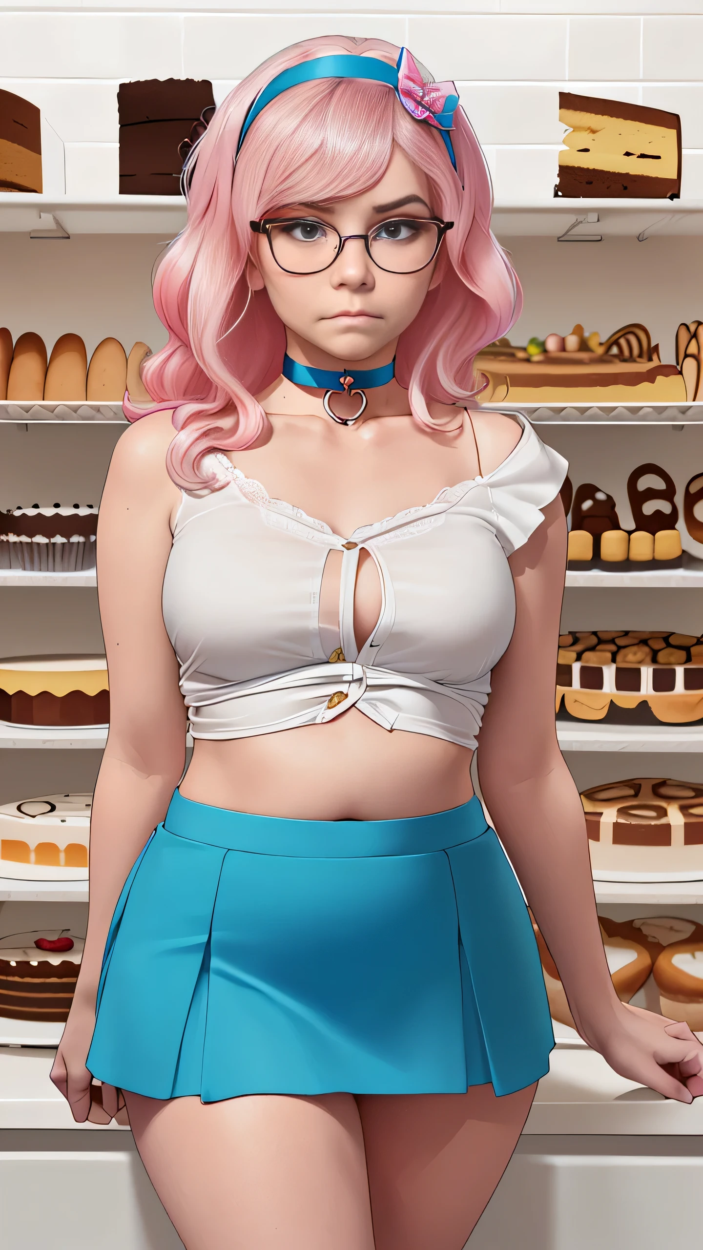 Belle Delphine, (Belle Delphine:1.5), masterpiece quality, (masterpiece quality:1.3), detailed, realistic, (realistic:1.3), 1girl, solo, (solo:1.9), 20 years old, in a bakery, (in a bakery:1.5), lots of cake in background, (lots of cake in background:1.5), shoulder-length hair, (shoulder-length hair:1.5), pink hair, (pink hair:1.5), wearing hairband, (wearing hairband:1.5), wearing glasses, (wearing glases:1.5), wearing white blouse, (white blouse:1.9), wearing blue skirt, (wearing blue skirt:1.5), wearing choker collar, (wearing choker collar:1.5), midriff, (midriff:1.5), big breasts, (big breasts:1.2), thin body, chubby belly, (chubby belly:1.2), frowning, (frowning:1.5), pouting, (pouting:1.5),
