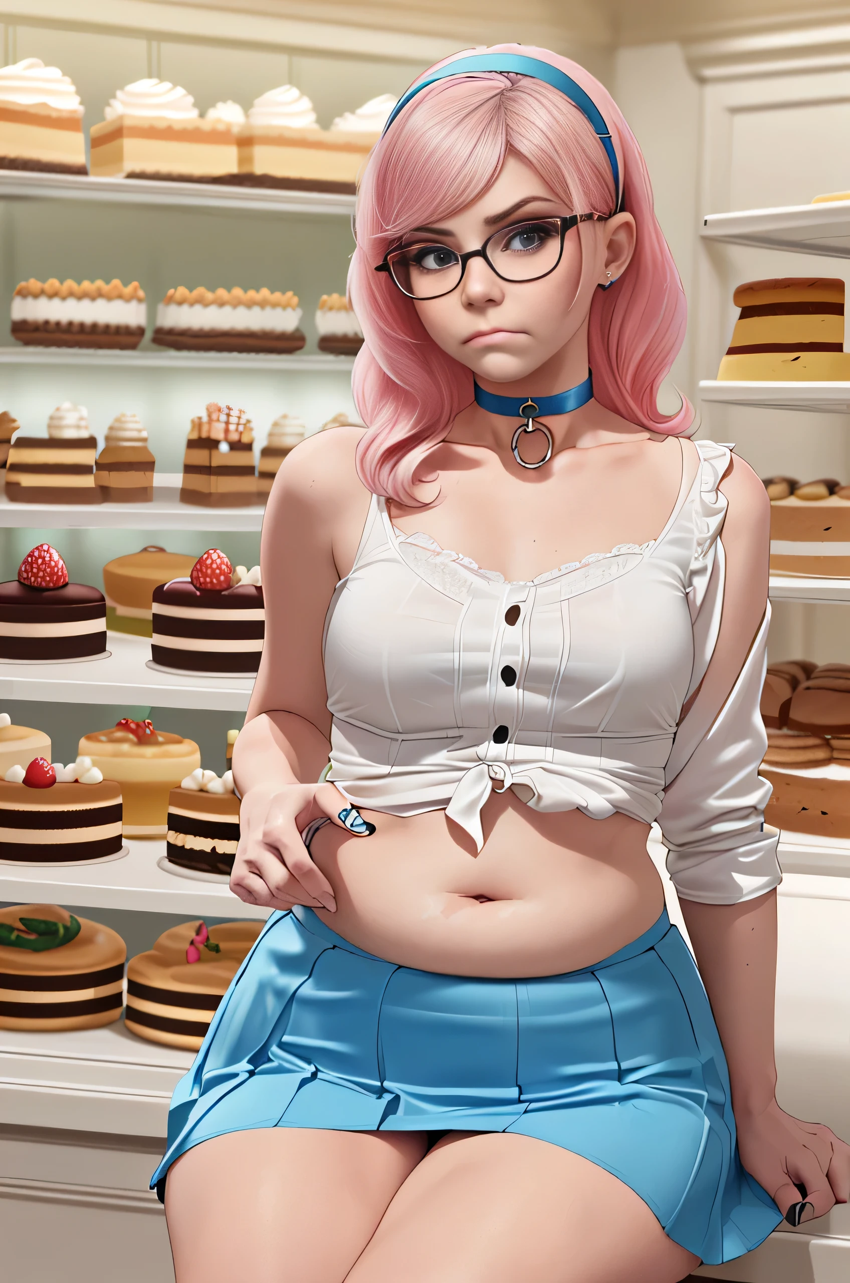 Belle Delphine, (Belle Delphine:1.5), masterpiece quality, (masterpiece quality:1.3), detailed, realistic, (realistic:1.3), 1girl, solo, (solo:1.9), 20 years old, in a bakery, (in a bakery:1.5), lots of cake in background, (lots of cake in background:1.5), shoulder-length hair, (shoulder-length hair:1.5), pink hair, (pink hair:1.5), wearing hairband, (wearing hairband:1.5), wearing glasses, (wearing glases:1.5), wearing white blouse, (white blouse:1.9), wearing blue skirt, (wearing blue skirt:1.5), wearing choker collar, (wearing choker collar:1.5), midriff, (midriff:1.5), big breasts, (big breasts:1.2), thin body, chubby belly, (chubby belly:1.2), frowning, (frowning:1.5), pouting, (pouting:1.5),
