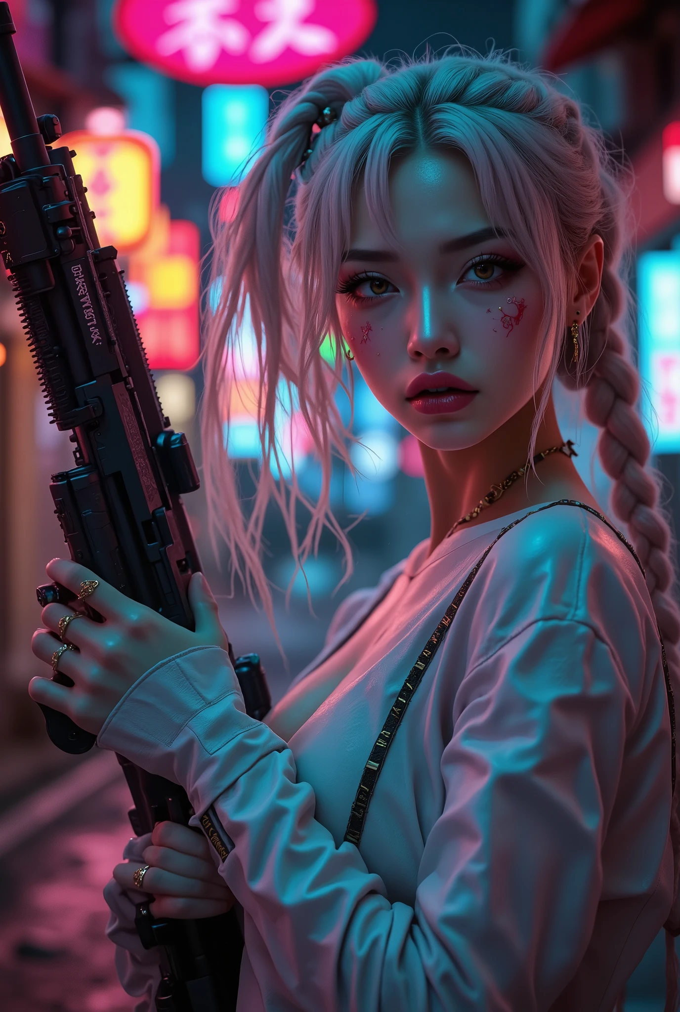 [Style: "Photorealistic, cinematic, cyberpunk"](Key Directive: "Ultra-sharp human eyes with biological accuracy"){ Character: "20-year-old Caucasian woman" | Face: - "symmetrical pale skin (subsurface scattering:1.3), full lips (vertical lip wrinkles:0.7)" - "Eyes: (acid-resistant terminology) (macro-details:1.5): Moist corneal surface (visible aqueous layer:1.2) Hyper-detailed iris stroma (brown with gold flecks) Precise limbal ring (slightly darker pigmentation:1.1) Pupil micro-texture (irregular edge authenticity:0.9) * Vasculature in sclera (subtle red veins radiating from limbus)" - "Lashes: blue individual synthetic fibers (crosshatched roots:1.2, clump-free separation)" | Hair: "white braid with split-end realism (neon light diffraction patterns)" | Pose: "combat-ready stance (biomechanically plausible spinal twist)" Technical Specs: (Optics: - "Zeiss Otus85mm f/1.4 lens (eye refraction calculations:1.3)" - "Shutter Speed:1/500 (freeze eye micro-movements)" - "Focus Stacking:7-point coverage on iris plane") (Post-Processing: - "Frequency separation for skin vs eye details" - "Selective sharpening: eyes200%, hair80%" - "Denoise: luminance20, color35 (retain corneal speculars)") (Avoid: "pupil distortion, uncanny valley asymmetry, plastic-like wetness") Attire: [Top: "white leather crop top (wrinkled texture, sweat sheen:0.6)"] [Bottom: "black leather pants (lace-up sides, knee reinforcements)"] Weapon: "Custom M16A4 (StatTrak™ module)" | M16A4 side Engraving : "Japanese dragon (red/gold paint:1.3, glowing eyes:0.9)" | Attachments: - "Underbarrel flamethrower (active, orange/blue flames:0.5)" - "Green laser sight (beam visible in airborne dust)" Environment: "Tokyo backstreet at night (rain-slick asphalt, neon signage in Japanese)" | Lighting: - "Cinematic neon wash (pink/cyan dominance)" (Post-Processing: "motion blur on swinging braid, chromatic aberration:0.5") (Render Engine: "Unreal Engine 5 path tracing, 16K texture maps") }