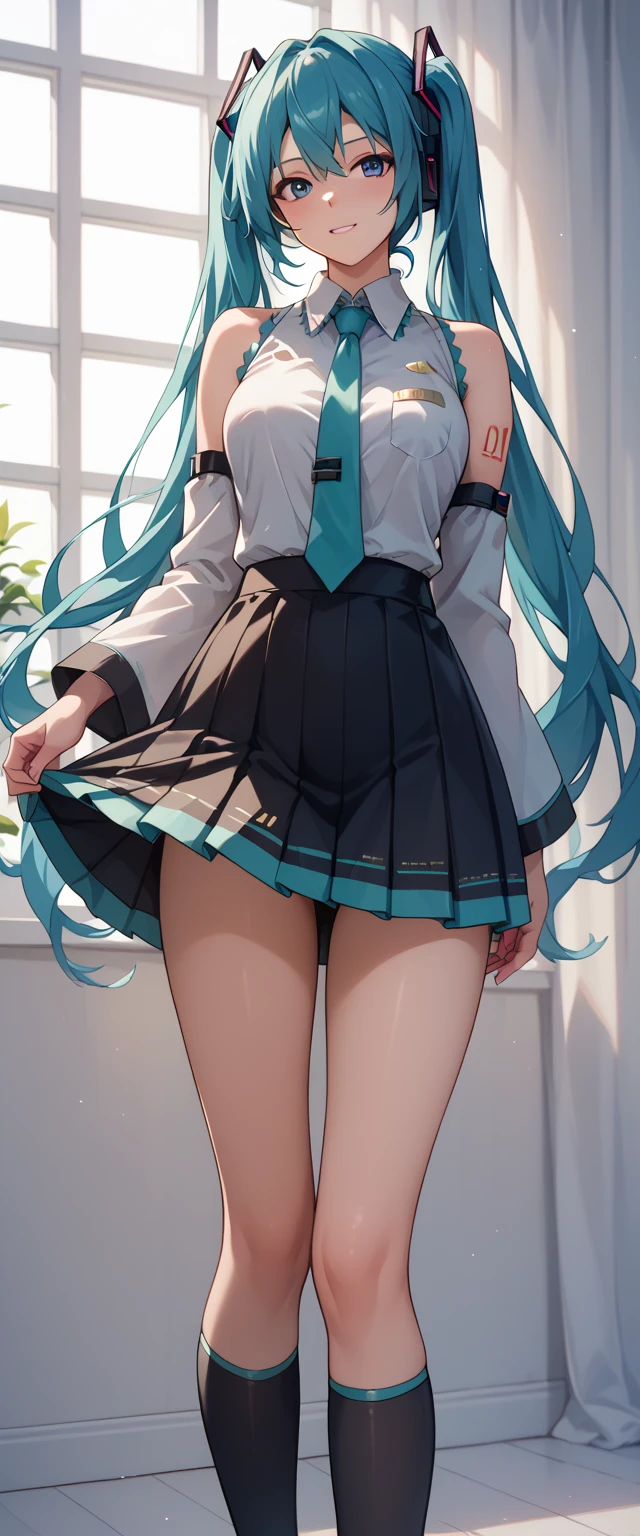(QUALITY:0)
8k, 8k wallpaper, (an extremely delicate and beautiful:1.1), (beautiful detailed eyes:1.3), (best illustration:1.1), (best quality:1.3), (best shadow:1.1), (cinematic lighting:1.2), detailed eyes, (detailed_light:1.1), (dreamy:1.1), (extremely detailed CG unity 8k wallpaper:1.1), highres, (masterpiece:1.3), official_art, ray tracing, (stylized:1.3), trending on artstation, (ultra_detailed:1.2)
(STYLE & COMPOSITION:0)
1girl, (from_below, full_body:1.4), solo
(POSE & EXPRESSION:0)
blush, head_tilt, legs_apart, lips_apart, looking_at_viewer, standing, unamused
(CHARACTER:0)
argyle_pantyhose, black_pantyhose, lingerie, bare_shoulders, black_shirt, black_sirt, breasts_apart, topless, collarbone, Hatsune_Miku, high_heels, high-waist_skirt, lips, makeup, (messy_hair:1.2), plaid_skirt, shiny_hair, shrug_\(clothing\), (small_breasts:1.3), very_long_hair
(BACKGROUND:0)
(TEXTUAL INVERSION:0)