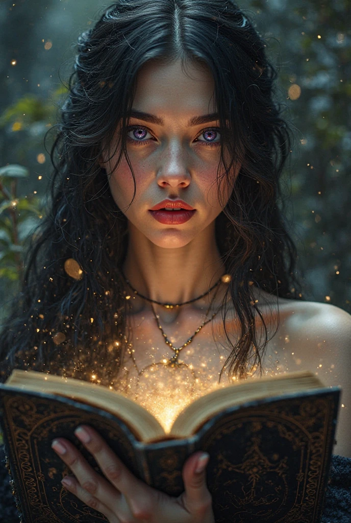 Create an image of a black-haired woman with brown eyes with an open book of enchanted history. From the book comes light and a lot of magic and around her she is in a fantasy place with unicorns, fairies and butterflies with a rainbow in the background and a beautiful sun in a cinematic style, blurred background.