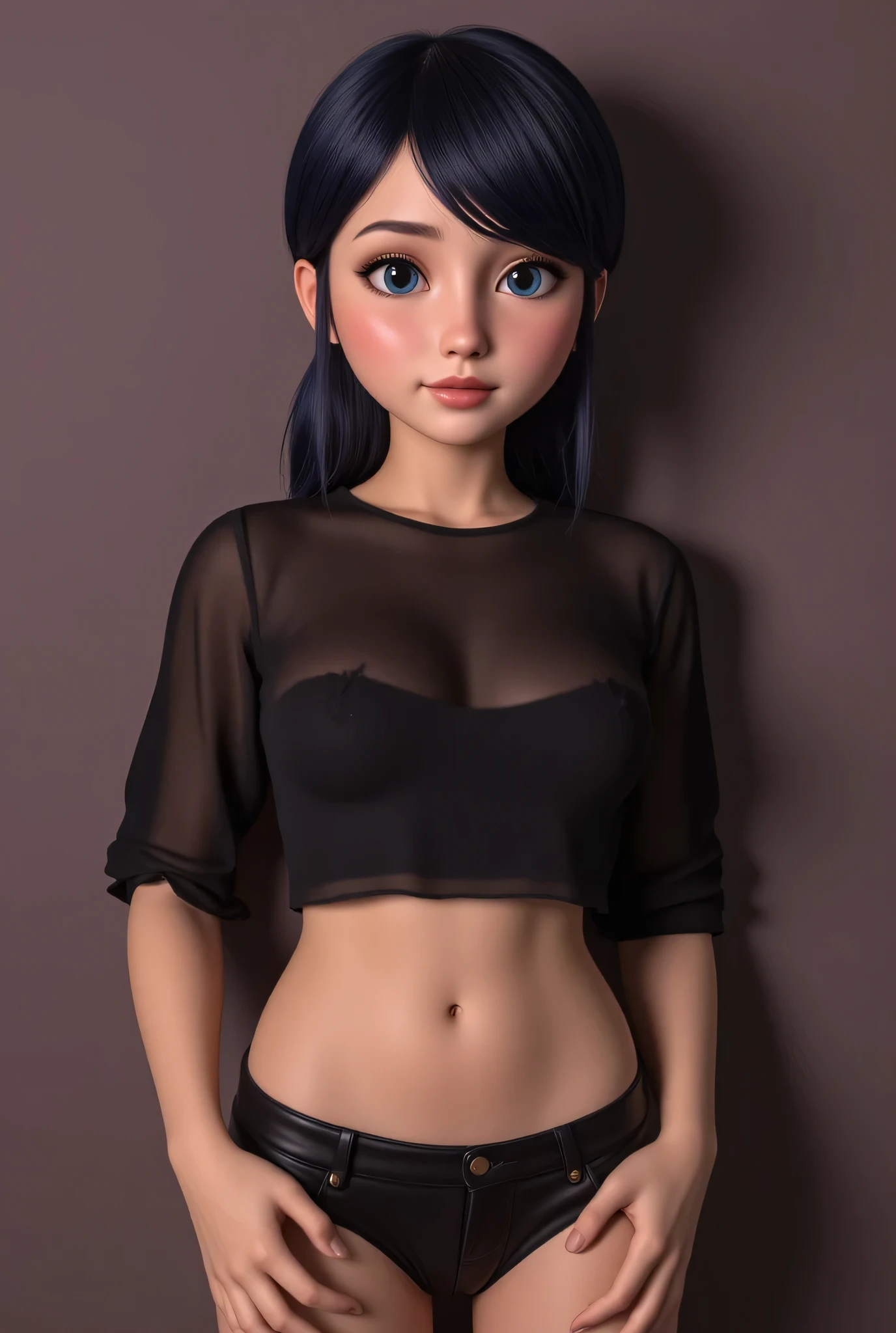 1girl, Solo, Marinette Dupaincheng in real life, High Resolution, Masterpiece, Anatomically Correct, Accurate, real proportions, detailed skin, detailed face, Best Quality, real life style, black hair, blue eyes, tween, small breasts, thin, black blouse, black pants 