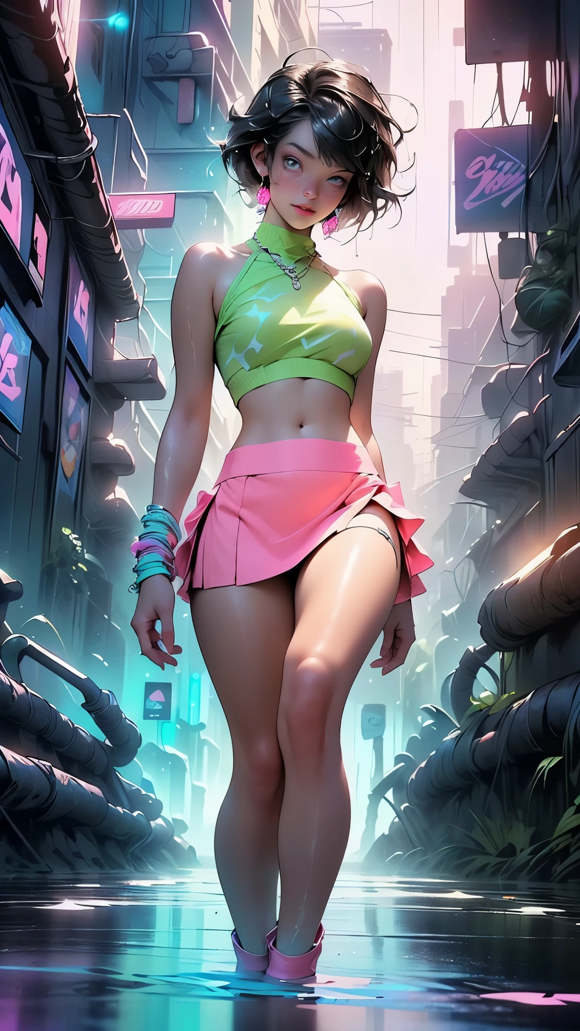 girl dancing,(((1girl))),((girl with extremely cute and beautiful black hair)),

(large breasts:1.4),(((black hair:1.35,hair over one eye, blunt bangs, long sideburns, messy hair, bob cut))),(((eyes_green:1.3))),intricate eyes,beautiful detailed eyes,symmetrical eyes,((fat)),((((lustrous skin:1.5,bright skin: 1.5,shiny skin,very shiny skin,shiny body,plastic glitter skin,exaggerated shiny skin,shiny skin like ebony,illuminated skin,wet legs))),(spider lower abdomen,narrow waist,wide hip,athletic body,inflated legs, thick thighs,detailed body,(detailed face), toned abs),

cute,slutty,seductive,erotic,(nsfw),

zettai ryouiki,revealing clothing,show skin,((rave bikini with an green print,((neon pink color rave mini-skirt)),visible thong straps)),((underpants strap)),(wearing a rave dancing outfit:1.3,rave dancing clothes,semi-naked,with little clothing),((wet clothes,intricate outfit,intricate clothes)),

(dynamic pose:1.0),embarrassed,(centered,scale to fit dimensions,Rule of thirds),

cyberpunk city by the ocean at night, with bright neon signs and dark stormy clouds and puddles, scenery:1.25,nighttime, starry night, cosmos,Very dark night that makes the neon lights stand out, very bright neon lights,

artistic photography,(photography taken by sldr),highres, sharp focus,(ultra detailed, extremely detailed), (photorealistic artwork:1.37),(extremely detailed CG unity 8k wallpaper),((synthwave background theme)),(((vibrant colors))),intricate,(intricate background),(masterpiece),(best quality),perfect rendered face,perfect face details,realistic face,photo realistic,analog style,((intricate detail)),(((realism))),
