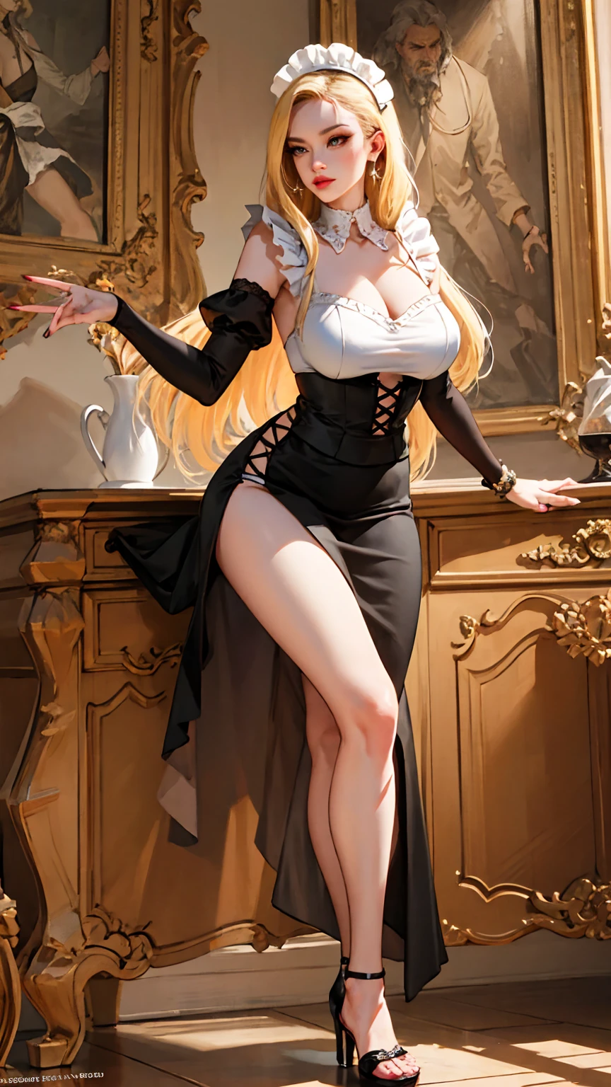 Best quality, masterpiece, ultra high res, raw photo, beautiful and aesthetic, deep shadow, fairy theme,(ultra detailed:1.3),
1girl, sexy pose, headdress, (beautiful face, detailed eye:1.2), embarrassed, drill hair, long hair, blonde hair, gradient hair, yellow eyes, solo, (busty breasts, gigantic breasts:1.1), big hair, blue hair, divine goddess, looking at viewer, indoors, royal palace, luxurious bedroom, room full of curtain, astraea, full body, maid,(dress:1.2),maid headdress,apron,
