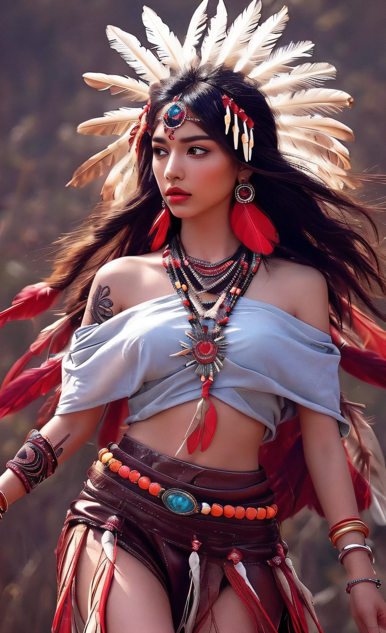 in high-definition images、Native American Images、Beautiful Native American Women in Dancing Poses, Beautiful Native American Woman in a Gorgeous Embroidered Leather Poncho , flowing tulle , Feather Hair Ornament , War Cap, tattoo, Brown skin, Indian Jewelry , Native American pattern , Clear, Long, Colorful Hubert on Arms, facial details , Shoulder Arm Ring Ribbons, wreath, bracelet, anklet, Metal Chain on Waist , Sun God Background,