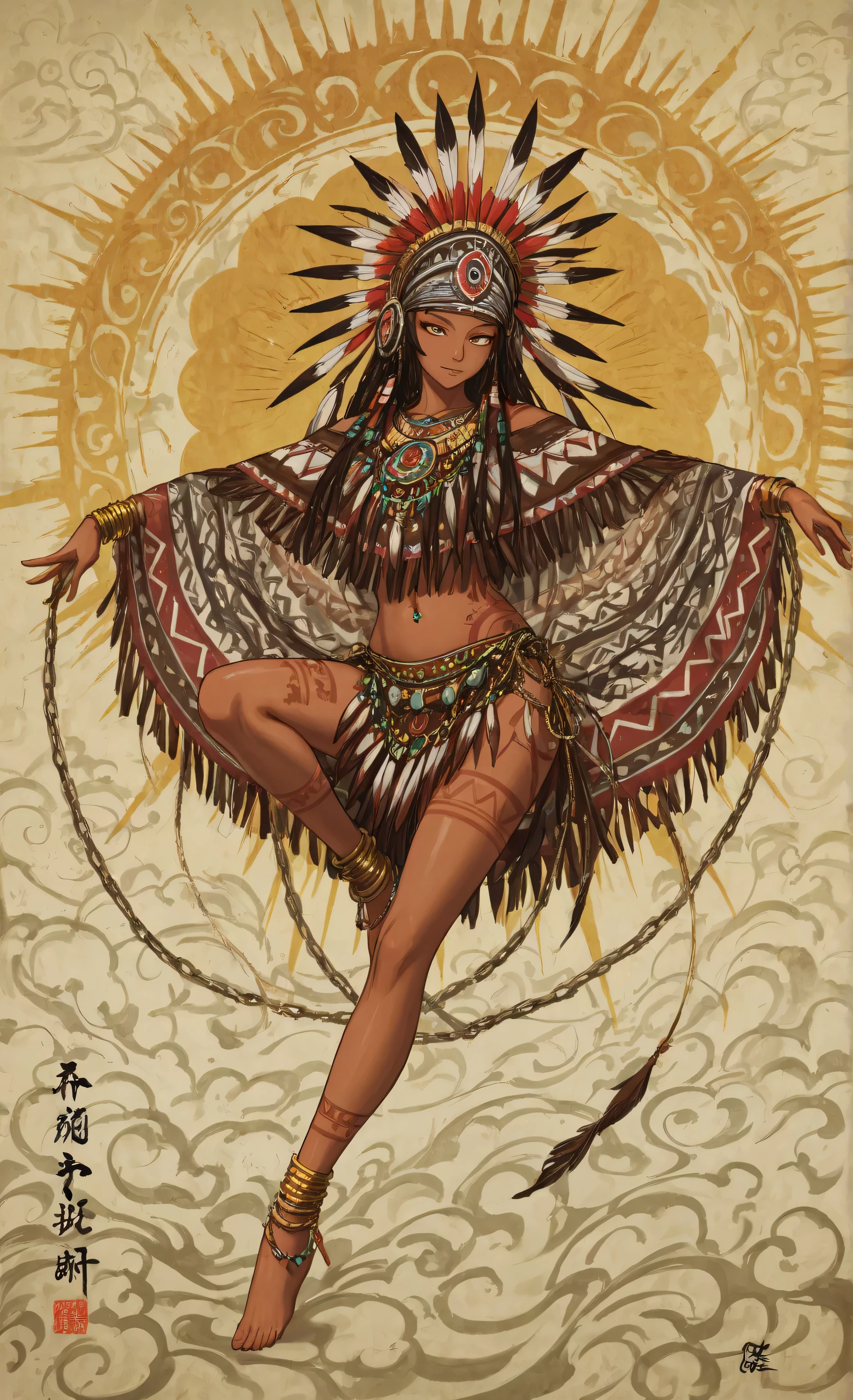 in high-definition images、Beautiful Native American Women in Dancing Poses, Beautiful Native American Woman in a Gorgeous Embroidered Leather Poncho , flowing tulle , Feather Hair Ornament , War Cap, tattoo, Brown skin, Indian Jewelry , Native American pattern , Clear, Long, Colorful Hubert on Arms, Belly button ribbon, shoulder, head, Arm Ring Ribbon, wreath, bracelet, anklet, Metal Chain on Waist , Sun God Background, Ink painting, popular CGSTATION ,