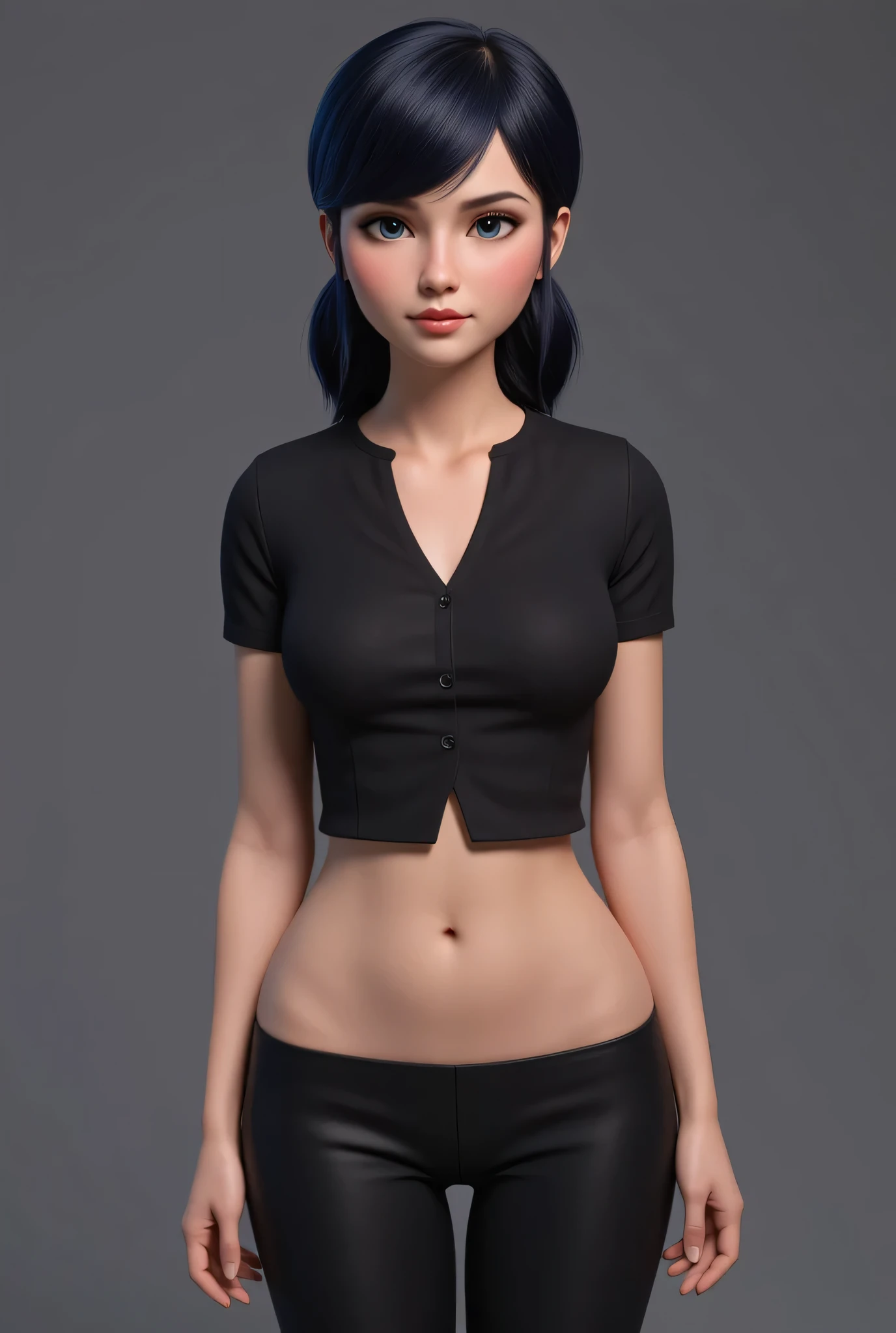1girl, Solo, Marinette Dupaincheng in real life, High Resolution, Masterpiece, Anatomically Correct, Accurate, real proportions, detailed skin, detailed face, Best Quality, real life style, black hair, blue eyes, tween, small breasts, thin, black blouse, black pants