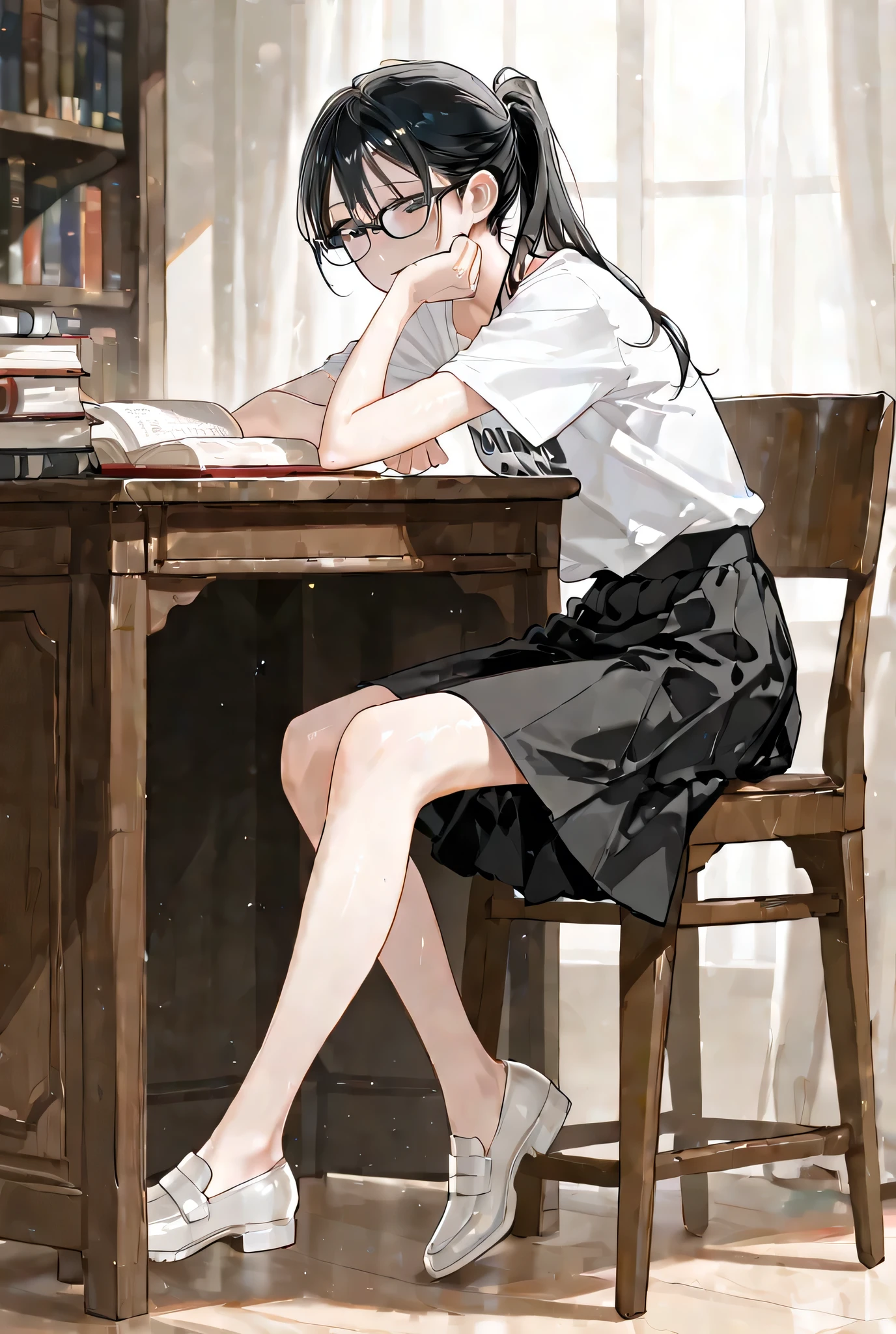 Age 25　 Japanese　 female 1　slim black hair　 ponytail　((Fair skin))　  (( smooth skin))　 Libraries 　 sitting on a chair and reading a book　 Legged 　 black glasses　 white t-shirt　black skirt white shoes
