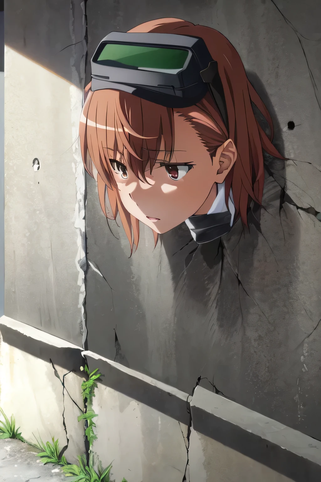 Masterpiece, top quality, Ultra Detailed, 8K, Anime, 1 girl, (MISAKA 10032), (glory wall:1.2), (stuck:1.2), (through wall:1.2)