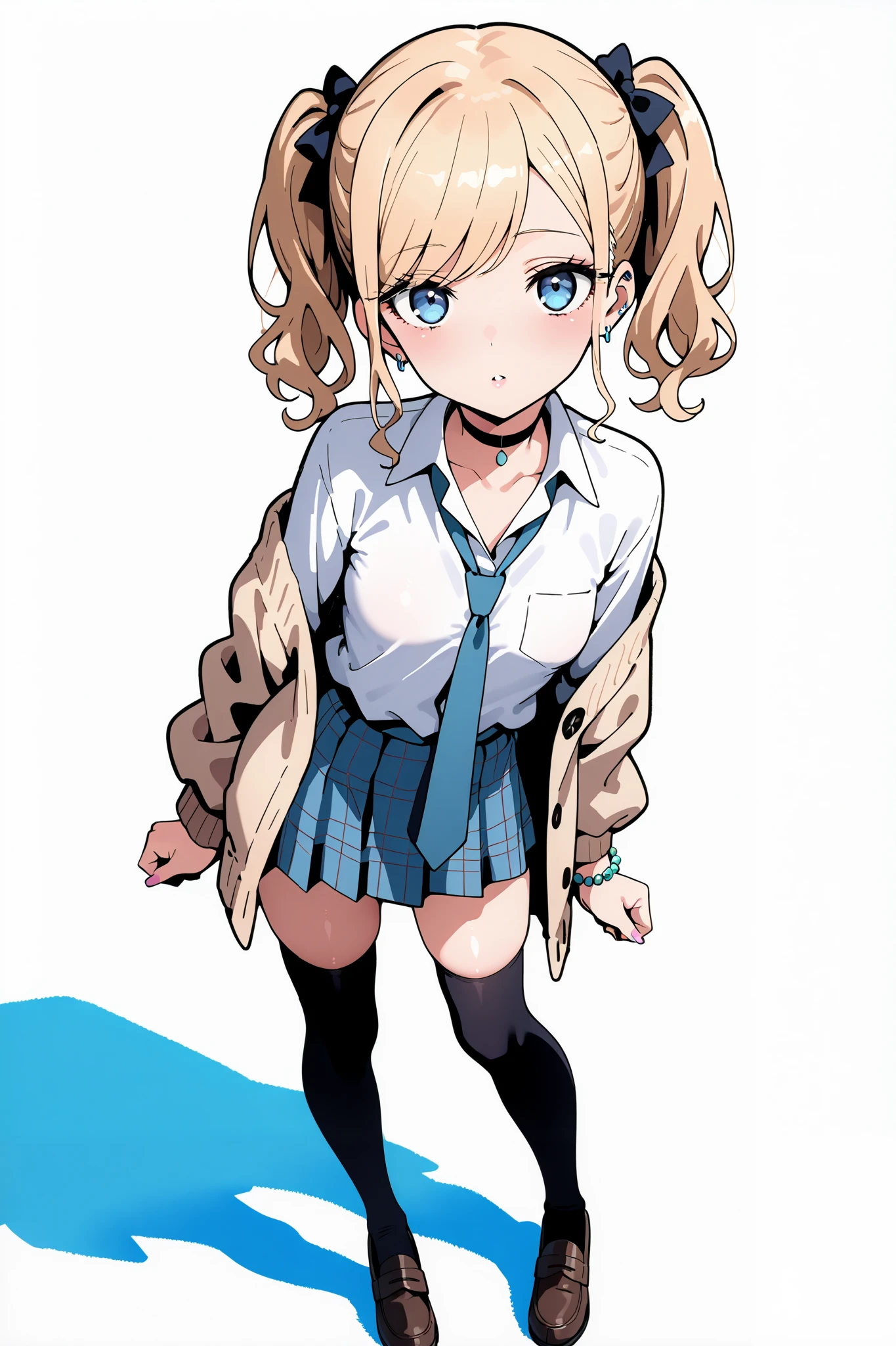 ((masterpiece,absurdres,High Resolution, Looking at viewer, full body, blue eyes,alluring eyes,blonde hair,swept bangs,)),parted lips,)),(, small breasts,))((,shiny lips, focus on whole outfit,wavy hair,solo,Soft smooth skin, feminine body,short female, petite,White background,standing,arms at sides,short Twintails,1girl, jewelry,gyaru,bangs, oversized cardigan, school uniform,black thigh highs,beige cardigan,neckbow,pastel pink,off shoulder cardigan, open cardigan,loose necktie,blue plaid skirt,)),((bead bracelet, black choker, collared shirt, white shirt,blue necktie, plaid skirt, blue skirt,))