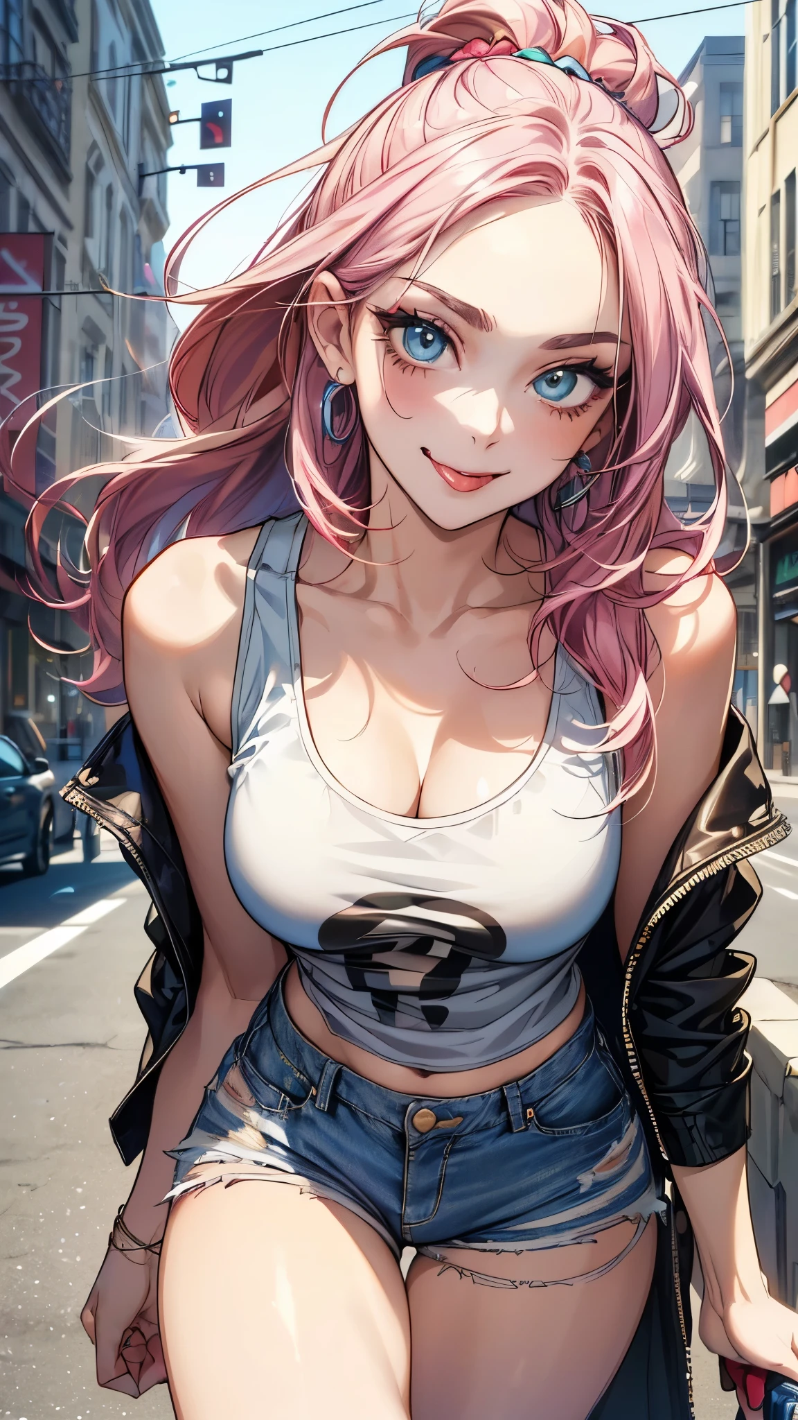 Murakami Takashi style, avant-garde pop art, (((city, standing))), amazing, best quality, vector art, stylish design, ((most beautiful girl ever)), (((best quality))), HDR, ((detailed)), ((masterpiece)), ((super detailed)), ((delicate eyes, detailed eyes, best eyes ever, beautiful eyes, big eyes, lots of sweat on face and body: 1.100, wet all over: 1.50, troubled face, open mouth with tongue out, mischievous expression, sticking out index finger))(colorful two-tone hair, shiny hair, beautiful hair), (beautifully shaped breasts), ((low-necked white tank top, hot pants)), (((close-up of face, composition from knees to head)))