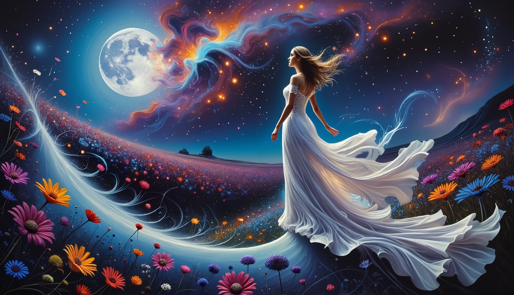 A full-body figure of a woman with flowing hair caught in the wind, her white dress billowing and dissolving into wildflowers that scatter through the air, following the intricate mathematical pattern F(x) = x⁴ sin(x) + cos(x³) sin(x²) + e^(-x³) * sin(x). A luminous full moon glows in the background, casting a soft, dreamy light over a vast, starry night sky.