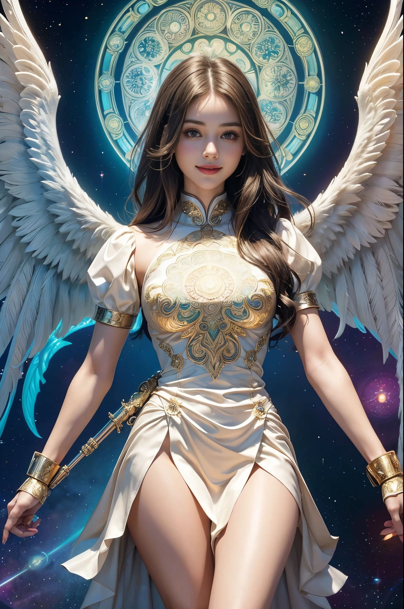 Create an ultra-realistic and imposing depiction of a female Japanese Archangel Michael, a powerful and revered figure in various religious traditions.

**Overall Appearance**:
- **Height**: Tall and commanding, far taller than an average human.
- **Body Type**: Muscular yet graceful, exuding strength and elegance.
- **Aura**: Surrounded by a glowing, divine aura, symbolizing her holy nature.

**Facial Features**:
- **Face**: Beautiful and noble, with a strong jawline and high cheekbones. Her expression is calm and resolute, radiating a sense of justice and protection.
- **Eyes**: Bright, piercing blue eyes that convey wisdom and unwavering determination.
- **Hair**: Long, flowing black hair that shines with a divine light, cascading down her back and shoulders.

**Attire**:
- **Armor**: Wearing ornate, golden armor that is both protective and majestic. The armor is intricately designed with angelic symbols and motifs, reflecting her heavenly origin.
- **Kimono Elements**: Incorporate traditional Japanese elements such as a kimono-style underlayer with intricate patterns, adding a cultural touch to her divine appearance.
- **Cape**: A long, flowing red cape that billows behind her, adding to her regal and heroic appearance.
- **Accessories**: Adorned with a golden halo above her head and a jeweled cross necklace around her neck.

**Wings**:
- **Angel Wings**: Large, magnificent white wings that extend from her back, covered in soft, glowing feathers. The wings are powerful and majestic, symbolizing her angelic nature and ability to soar through the heavens.

**Weapons**:
- **Sword**: Holding a large, radiant sword that glows with divine light. The sword is intricately designed, with angelic runes and a sharp, gleaming blade, symbolizing her role as a warrior of God.

**Illustration Image**:
- **Background**: A celestial and heavenly setting, possibly with clouds, light rays, and a radiant sky. The background should convey a sense of divine presence and ethereal beau