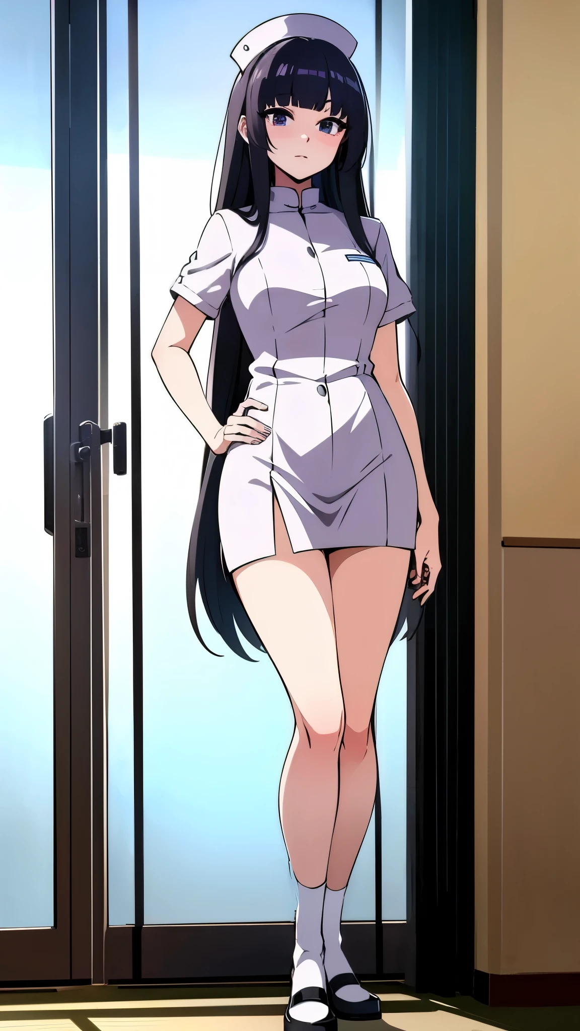Masterpiece, best quality, cowboy shot,solo,minami kotori, standing, white nurse custom, nurse cap, (contrapposto:1.2),big breasts, skin tight, thighs , sexy smile