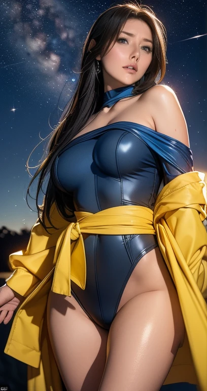 (masterpiece, best quality:1.4), cinematic light, colorful, high contrast, (1girl), NanaShimura, boku no hero academia, black hair, mole under mouth, large breasts, (blue eyes), hair between eyes, sleeveless, black bodysuit, red belt, white cape, yellow gloves, in the city, night, stars,
