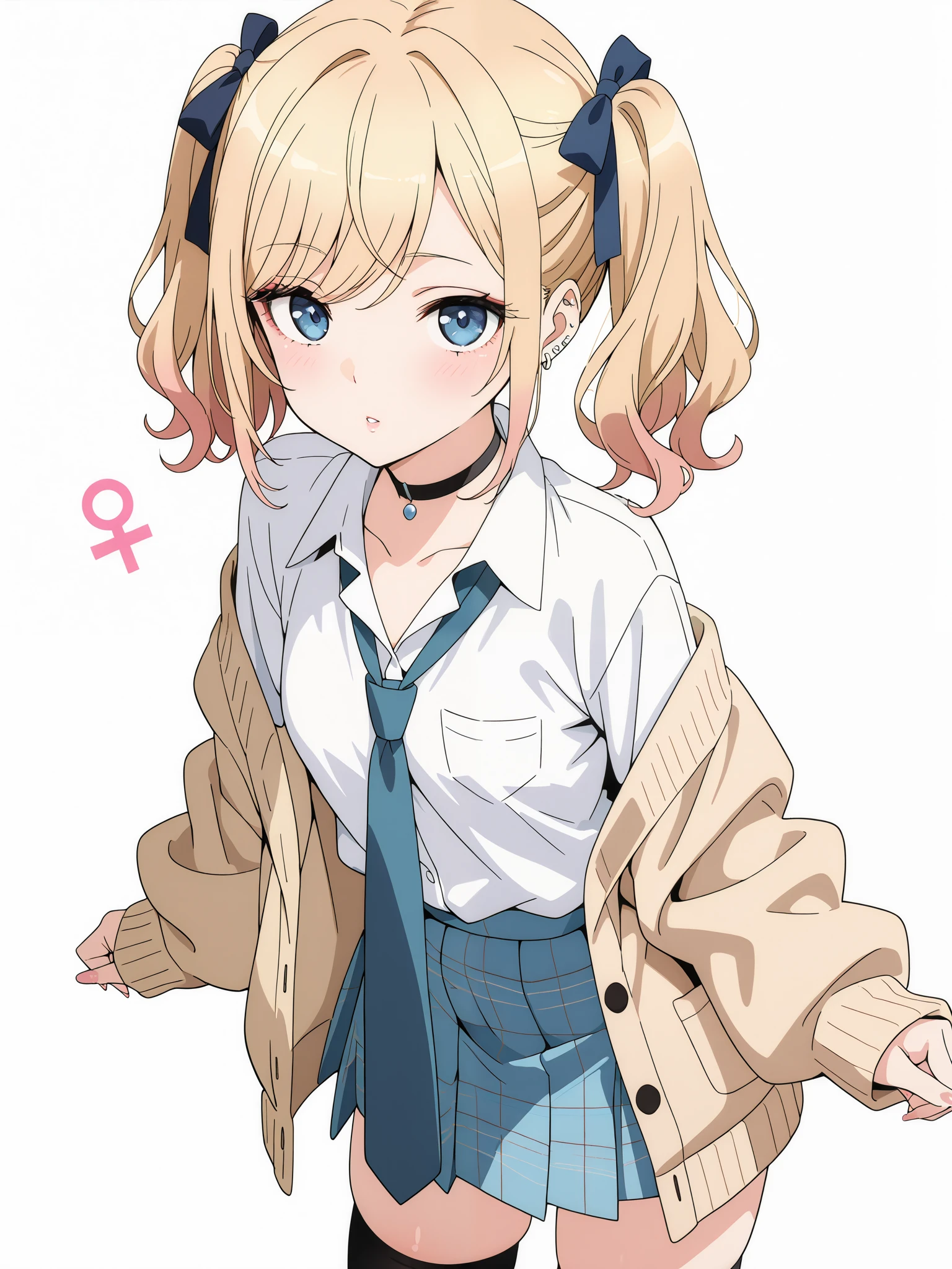 ((masterpiece,absurdres,High Resolution, Looking at viewer, cowboy shot, blue eyes,alluring eyes,blonde hair,swept bangs,)),parted lips,)),(, small breasts,))((,shiny lips, focus on whole outfit,wavy hair,solo,Soft smooth skin, feminine body,short female, petite,White background,standing,arms at sides,short Twintails,1girl, jewelry,gyaru,bangs, oversized cardigan, school uniform,black thigh highs,beige cardigan,pastel pink hair ribbons,off shoulder cardigan, open cardigan,loose necktie,blue plaid skirt,)),((black choker with a venus symbol, collared shirt, white shirt,blue necktie, plaid skirt, blue skirt,))