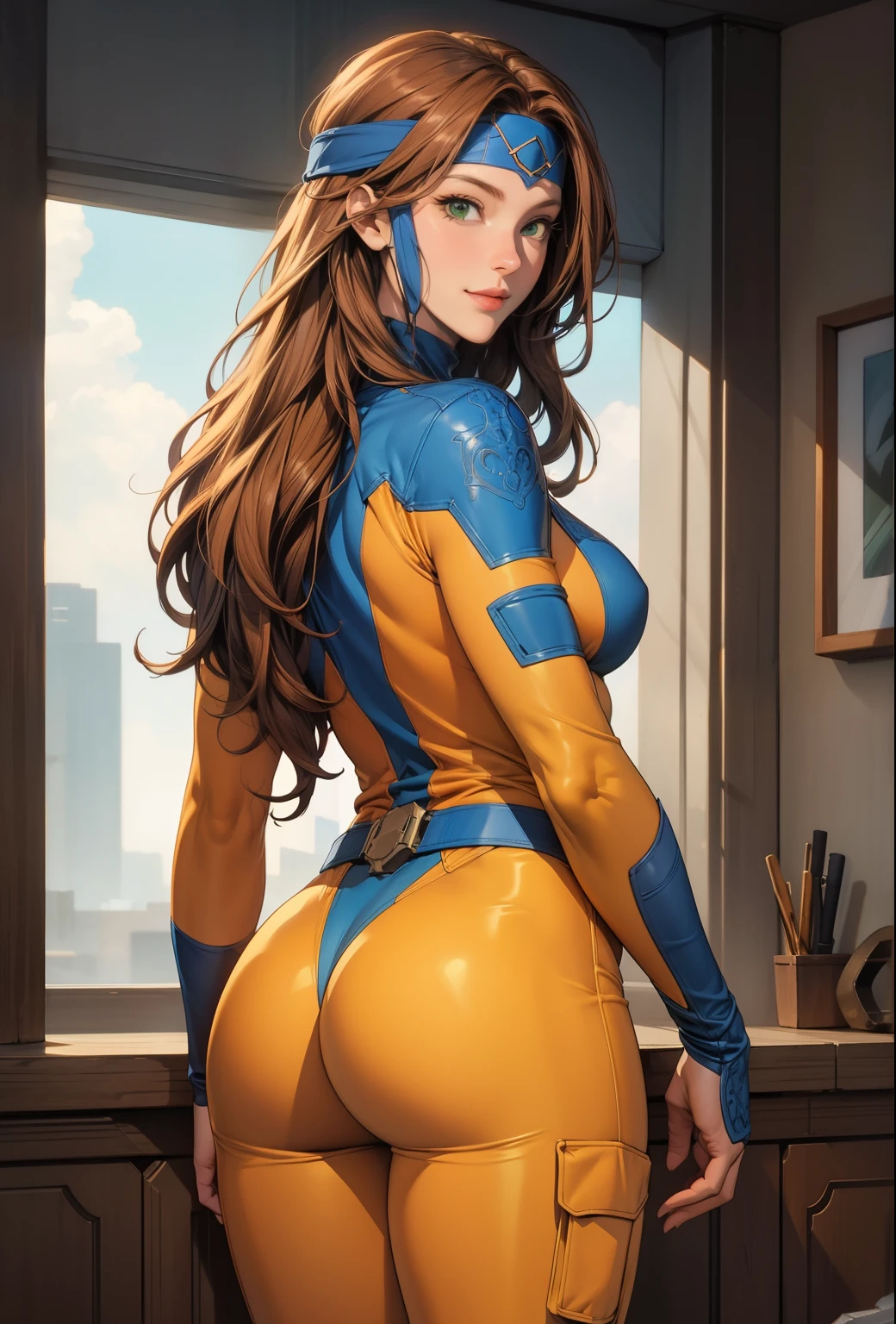 perfect eyes:1.2, detailed eyes:1.4, smile, long hair, headband, green eyes, ginger long hair, turtleneck, bodysuit, pauldrons, vambraces, belt, cowboy shot, 1girl, solo, (masterpiece:1.6, best quality), 8k, insane details, intricate details, hyperdetailed, hyper quality, high detail, ultra detailed, professional, HDR, ray tracing reflection, cinematic lighting,
