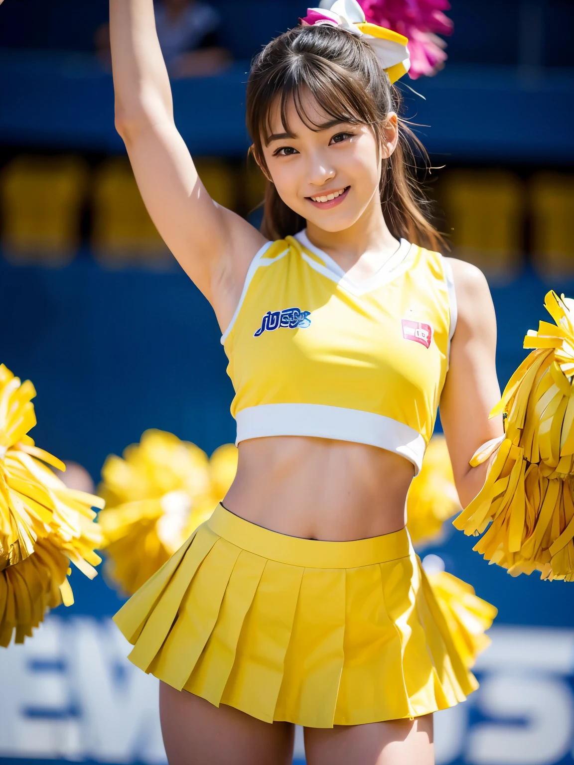 (solo), (a detailed full body RAW photo of a girl), (masterpiece:1.0), (best quality:1.4), (ultra highres:1.2), (photorealistic:1.4), 8k resolution, Canon EOS R5, 50mm, absurdres, ultra detailed, (18yo), sharp focus, cinematic lighting, detailed beautiful face, (no make up:1.2), (ulzzang-6500-v1.1), petite figure, detailed skin texture, suntan skin, flat chest, (skinny and fit body:1.6), thigh gap, detailed brown hair, sweltering,(very short hair:1.5), realistic glistening skin, (sweating), nfsw, heavy breathing, (small titts, cameltoe, erect nipples), (Cheerleader costume:1.5), (japanese cheerleader), well-developed abdominal, blue sky, bikini tan, (dark sun tan), (flat chest:1.5), dynamic pose, (flom below), dynamic pose, (cheerleader raises her leg), (2 girls)