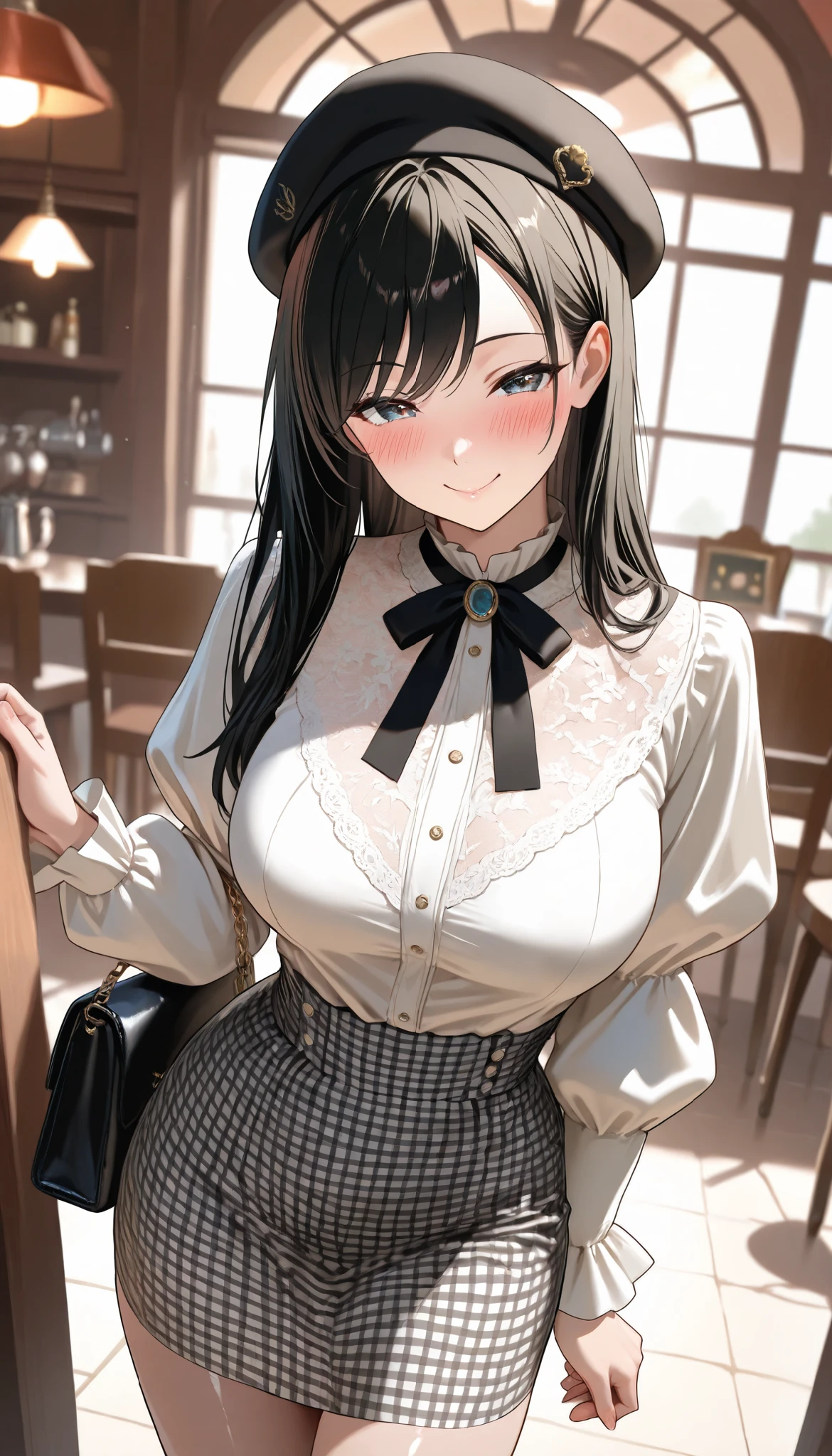 (1) A woman takes shelter from the rain in front of a store., But the cutter shirt is wet、The bra is clearly see-through.
(2) She is wearing a white cutter shirt and a black long skirt.
(3) she has long black hair.
(4) she has a provocative personality, a smiling expression on her face.
(5) She is 26 years old and looks mature..
(6) The location is outside the bar area on a rainy night.