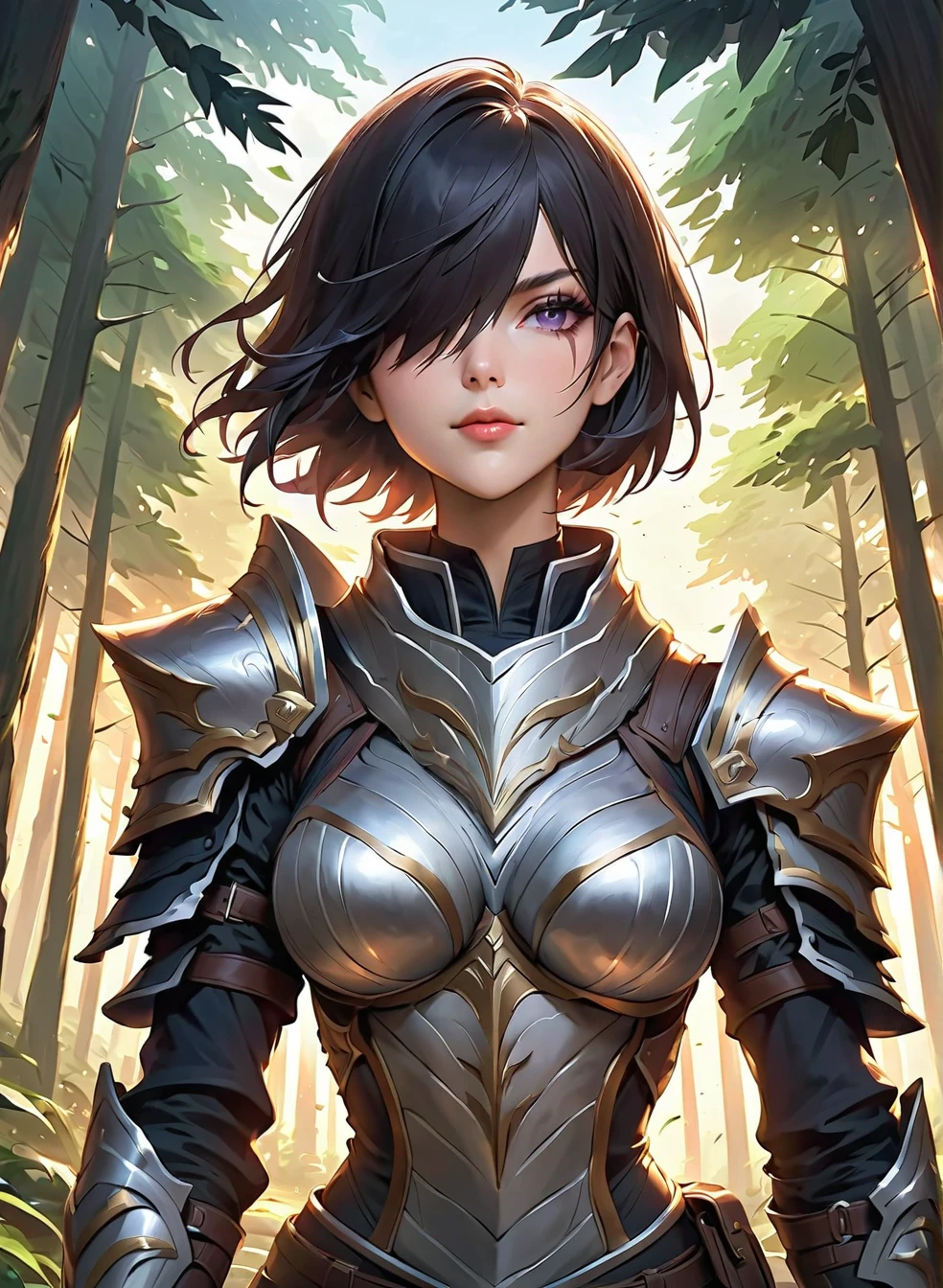 (masterpiece, best quality, supeior quality, intricate details, beautiful, aesthetic:1.2), high quality, 8k, RAW, ultra details, extremely dellicate and beautiful, real shadow, (challenging look), (dinamic pose:1.8), photorealistic, highly detailed painting, award winning painting, marvelous painting, artistic style, stylized, 1girl, cute seductive hot teen girl, (two-tone hair purple and black:1.5), (insane smile, (green eyes:1)), (silver plate armor:1.3), holding katana, no helmet, (half naked:1.2),on a battlefield,