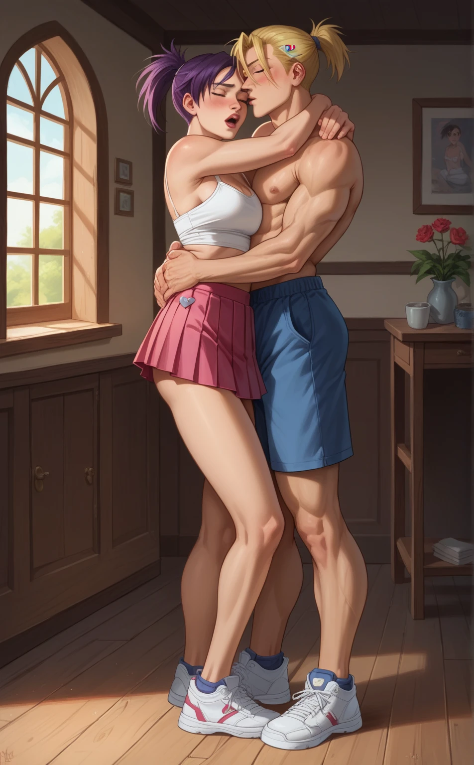 (male crew cut short hair:1.8) (man and woman hugging and kissing: 1.5), (man and woman: 1.5), smile, (A man wears a navy blue short-sleeved round neck t-shirt.: 1.3), Navy cargo pants, Korean guy , korean men, (High gloss details), chest muscles, large arm muscles, blood vessel, Big muscles, Broad shoulders, looking at the audience, Balancing the eyes, smile, Close your eyes, open your mouth., (Close your eyes, open your mouth. : 1.3) , ,(genital very long big : 1.8), (Big testicles), (Erection of the penis: 1.1), (How: 1.8) ,(naked woman: 1.9), Make love, fucking, sex, lust, (, In front of the bread shop: 1.3) ,