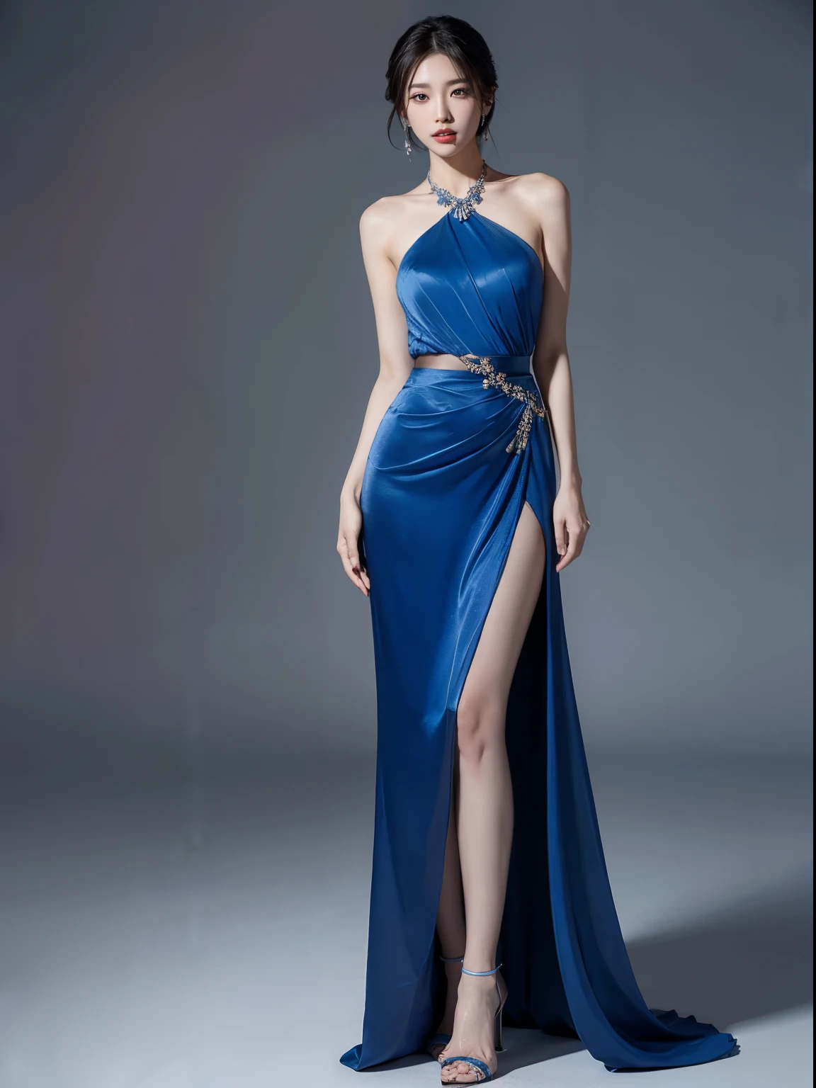 fashion modell, perfect eyes, Perfect iris, Perfect lips, perfect teeth, flawless skin, Glow, (Subdued Color:1.2), Baby Face Woman,
Gorgeous dress up, blue dress, stiletto sandals high heels,
Standing,
Kamimei, Photorealsitic, 8k picture,
full body,