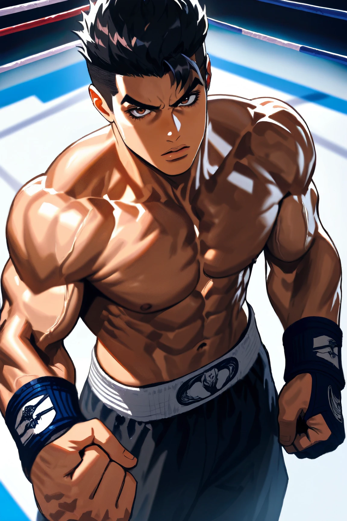 ((Masterpiece)), (Best Quality), (detailed), (1 Boy), Japanese Muay Thai Kickboxing Boy, Pointy White Hair, Red Eyes, ((Light Skin)), Skinny Body, Handsome, Shirtless, (Black Boxer Shorts), White Muay Thai Fist Band, Red Fingerless Glove, On the Street, Fighting Stance, Belly Button, Barefoot, 8k, Detailed, Ultra Detailed, Ridiculous Clothes