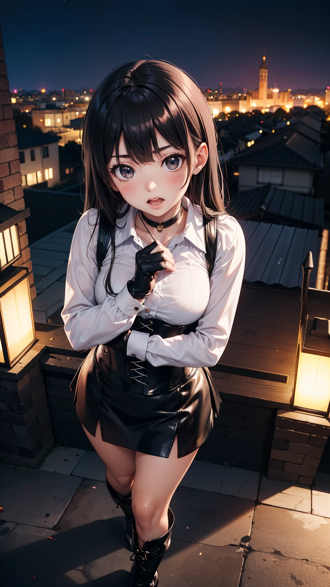 masterpiece, anime style, A young girl, of foot, (view from above), (( arms crossed )), pretty face, surprised look, showing her teeth , ((redness on the cheeks)), long black hair, detailed eyes, black eyes, choker : 1.6, (( long sleeve white shirt )), ( black gloves ), (black leather corset), ((black miniskirt)), brown stockings, black leather boots ), self-critical , roof, (( at night))