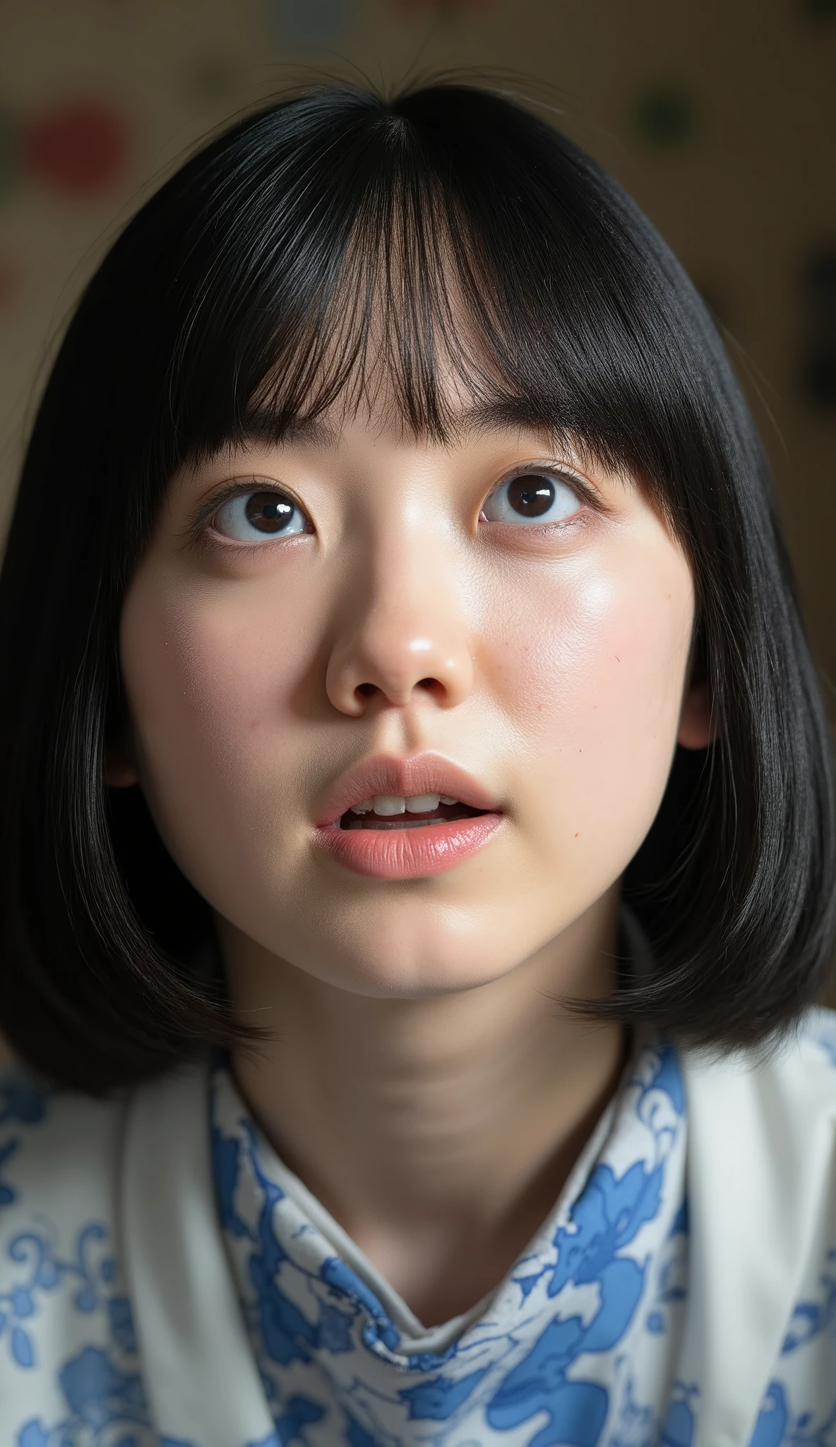 high resolution photo of a young Japanese woman, photo- by Nomi, by Nomi, masterpiece, great quality that hides the collarbone, 8k, extremely detailed, intricate details, sharp concentration, Professional Lighting, is kneeling in front of the viewer , The shadow of a big penis on the face, she looks up at her penis in awe , detailed face, fine eyes , Beautiful students , sophisticated nose, indoors,