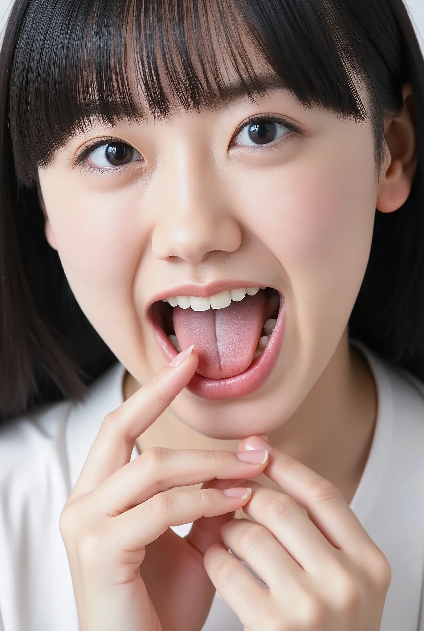 A young Japanese female idol with high resolution「Kakki」Photo of, Alone, ( open your mouth, After the blowjob、 in the mouth), indoors 、A Japanese woman in her 30s puts white sauce around her mouth、I have a big sausage in my mouth
