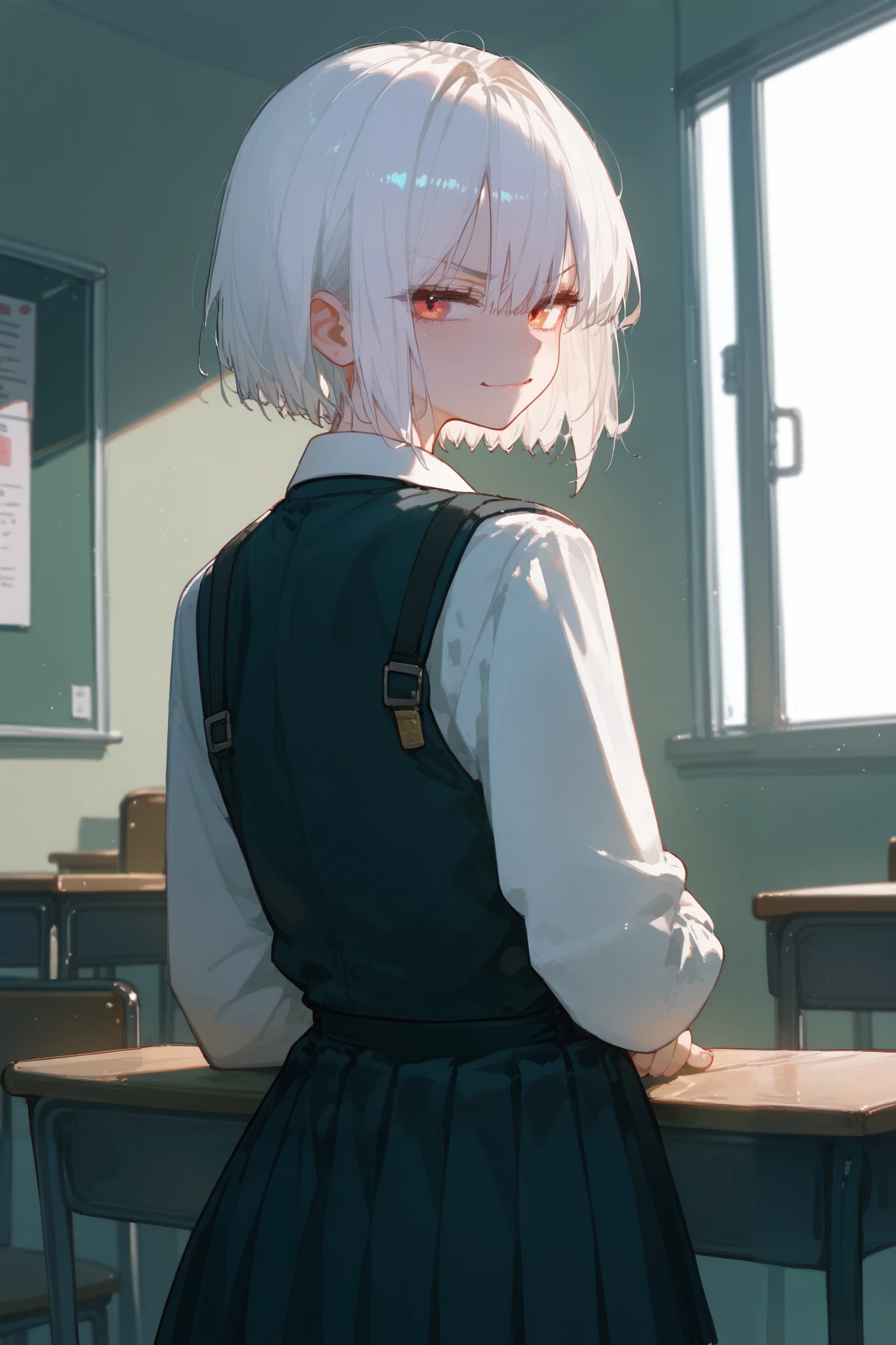 (best quality), best resolution, from behind, school uniform, 1girl, leaning, sexy, young, lewd evil smirk, white hair, short hair, detailed eyes, 4k, 748cmstyle, artistic, shiny