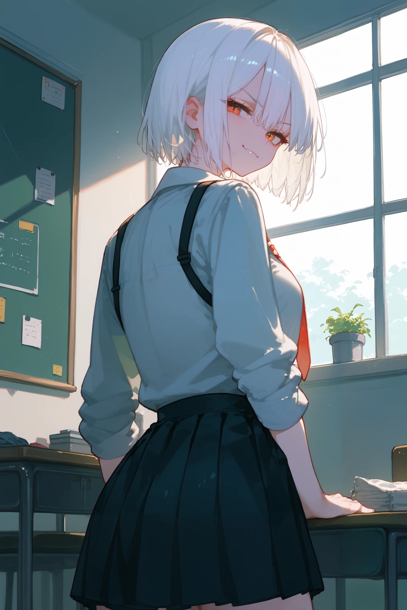 (best quality), best resolution, from behind, school uniform, 1girl, leaning, sexy, young, lewd evil smirk, white hair, short hair, detailed eyes, 4k, 748cmstyle, artistic, shiny