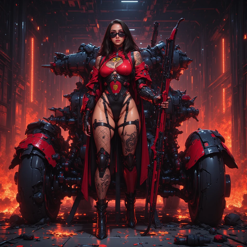 masterpiece, Best Quality, High resolution, contrasted, mono_Agitate_Dead pool_propiowaifu, 1 girl, face mask, by rubio, cola of caballo, by the wide, pechos granofs, without students, mono, tight skin, superhero, bolsa of cinturón, cinturón of herramientas, red mono, gloves, gun on the back, bolsa ofl muslo, correa ofl muslo, pistolera ofl muslo, hebilla ofl cinturón, suéter tipo con cuello of tortuga, partículas of luz, depth_of_field, scenery, evening, (City exploding in the background, car bursting into flames:1.5), Alone, tiro of vaquero, BRAKE Sitting on a bench eating a donut, (Sitting cross-legged, holding donut in hand:1.5), looking at the viewer,