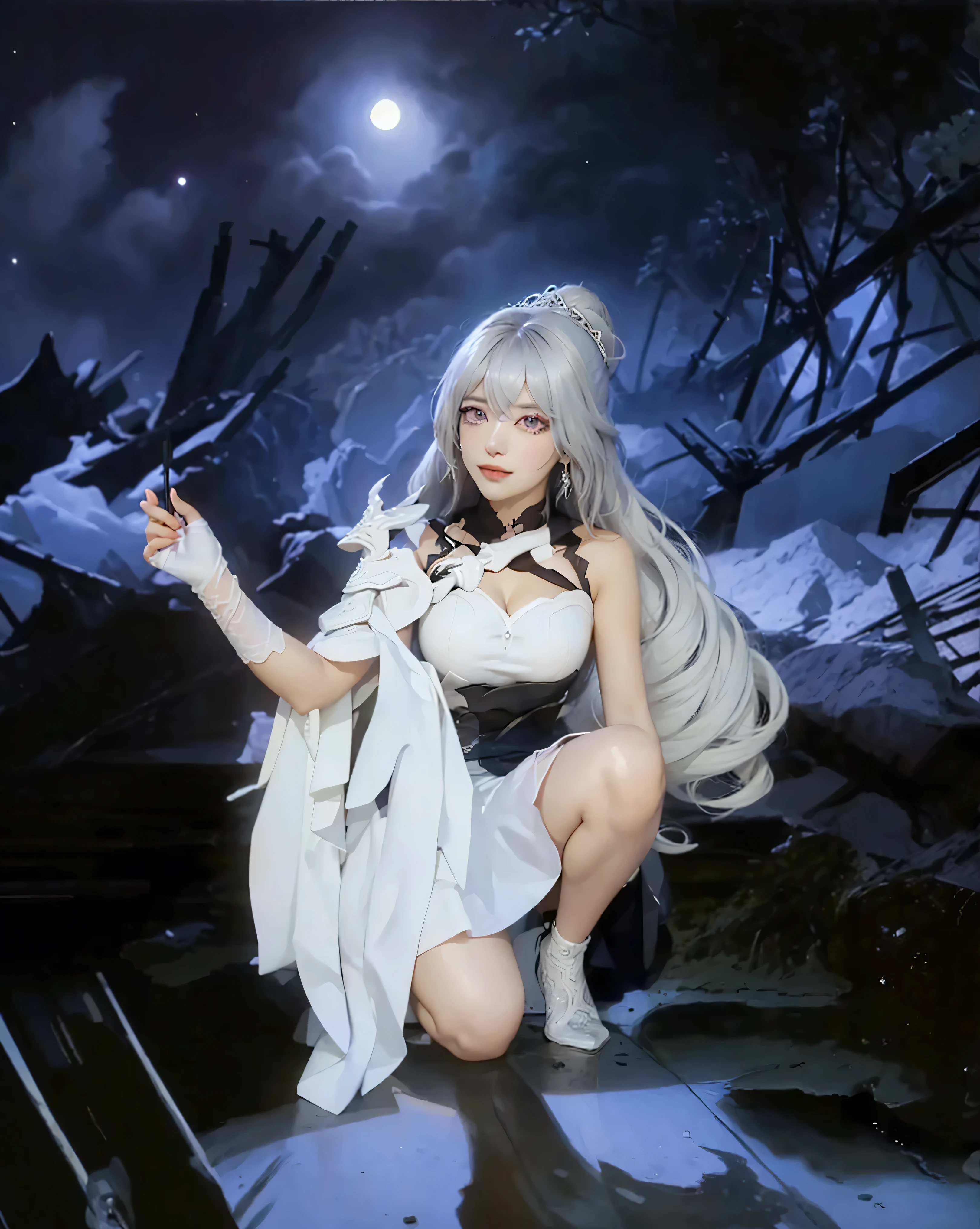 ((SILVERWINGS_HONKAI IMPACT 3RD)),((realistic, photorealistic)),(highlight hair)), Light reflection, (( HD )),((upper body)), (((best quality, masterpiece))), (masterpiece) (best quality) (detail) (8k) (HDR) (wallpaper) (cinematic lighting) (sharp focuasterpiece, best quality: 1.1), Real life adaption of this character, realistic outfit, realistic shadow, realistic light, realism, hyper realistic, realistic background,realistic hair,(photorealistic:1.2), (masterpiece: 1.2), (best quality: 1.3), (clear details: 1.3), ((((ultra-detailed)))), ((detailed eyes)), (extremely detailed face:1.4), (highly detailed eyelash:1.6), 1girl, (Realistic painting style:0.9), masterpiece, best quality, absurdres, looking at viewer, solo, bronya zaychik (silverwing n-ex), bronya zaychik, red pupils, 1girl, solo, breasts, long hair, dress, grey hair, cleavage, looking at viewer, smile, closed mouth, bangs, grey eyes, jewelry, single glove, white dress, gloves, bare shoulders, sleeveless dress, drill hair, sleeveless, single sleeve, hair between eyes, large breasts, twin drills, white sleeves, hair ornament, single pauldron,Background of destruction, night shadows, full moon, moonlight,
